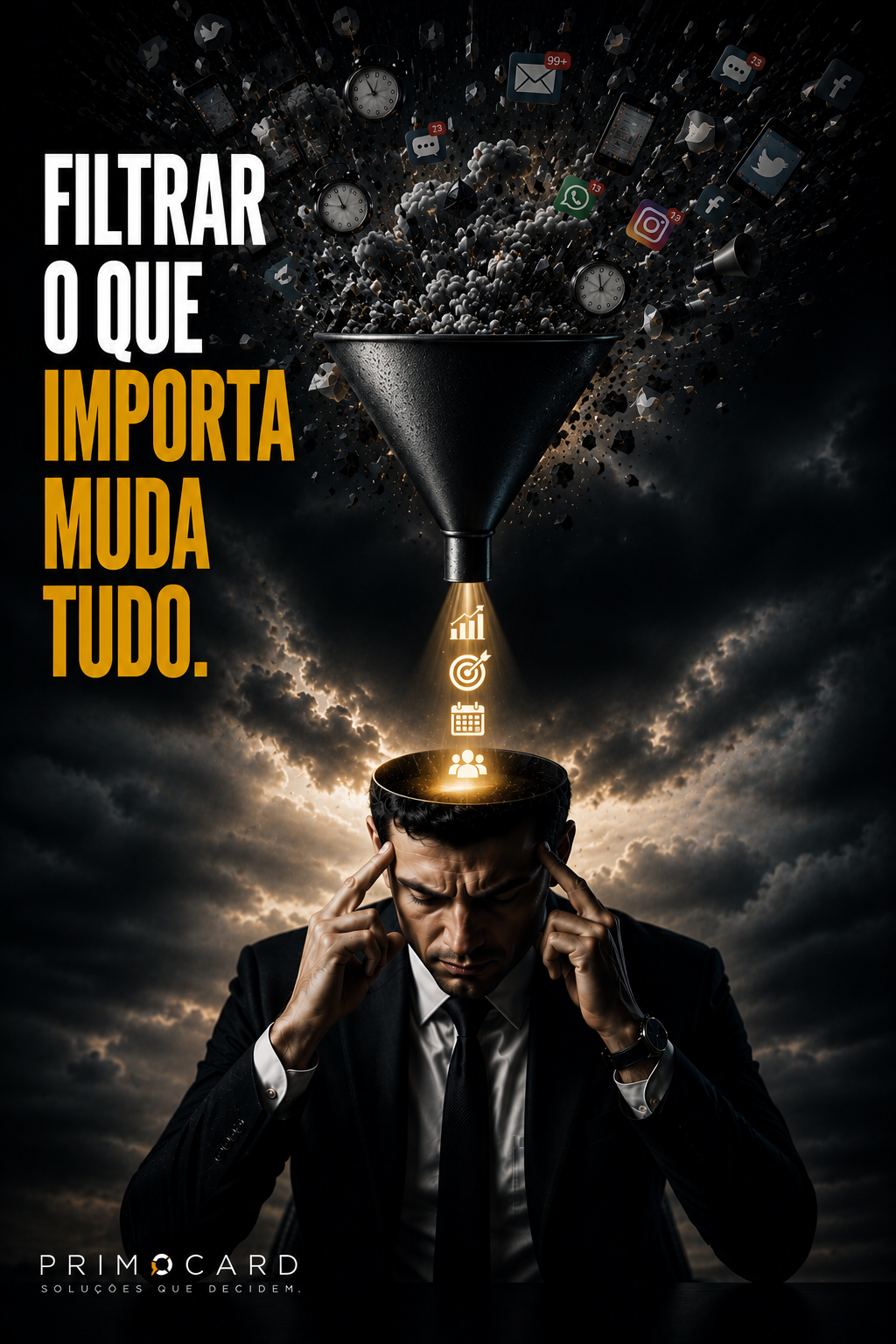 Funil filtrando notificações, redes sociais e informações antes de direcionar indicadores estratégicos para a mente de um executivo.