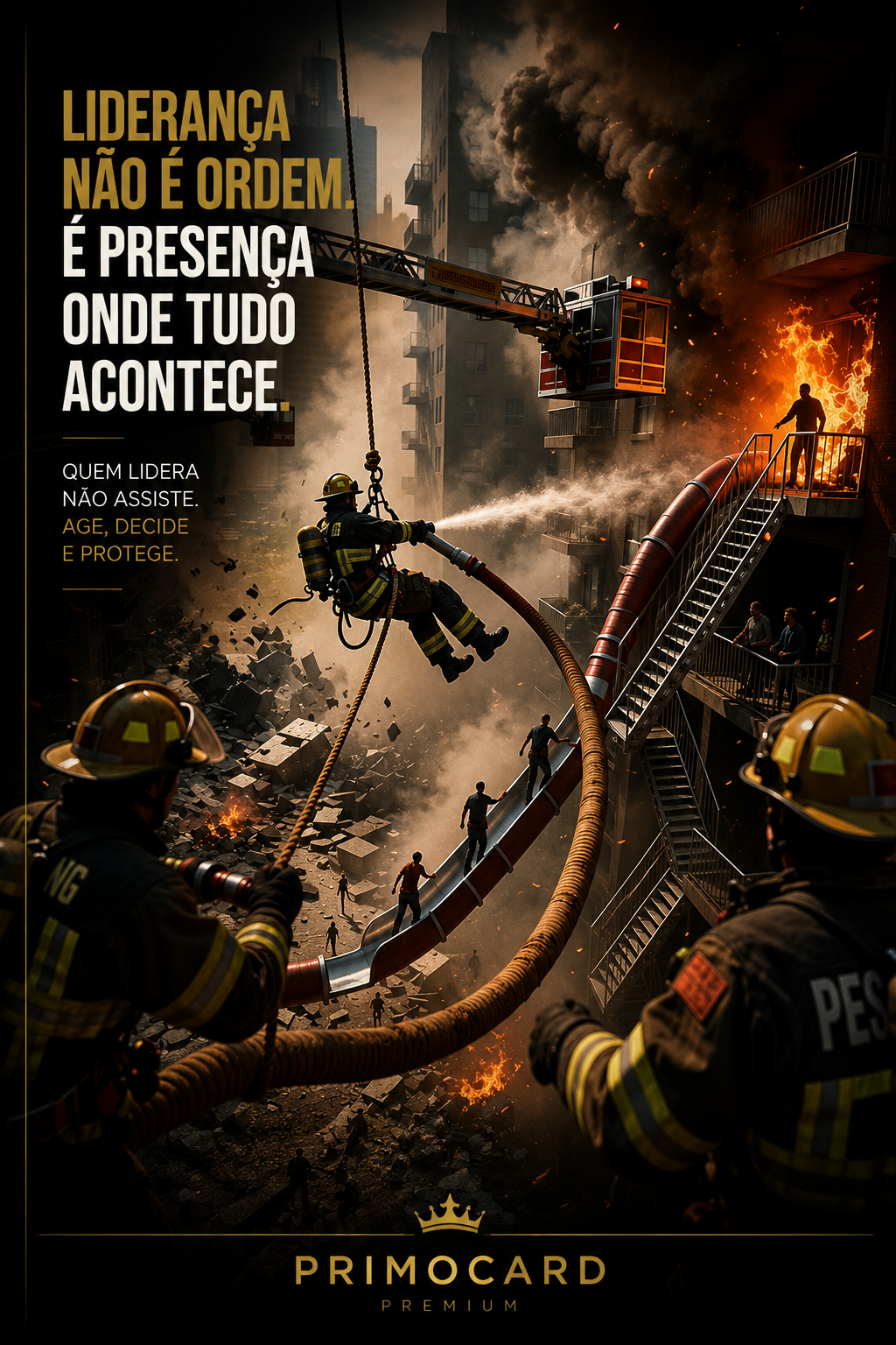 Bombeiros atuando diretamente no combate a um grande incêndio, representando liderança presente durante situações críticas.