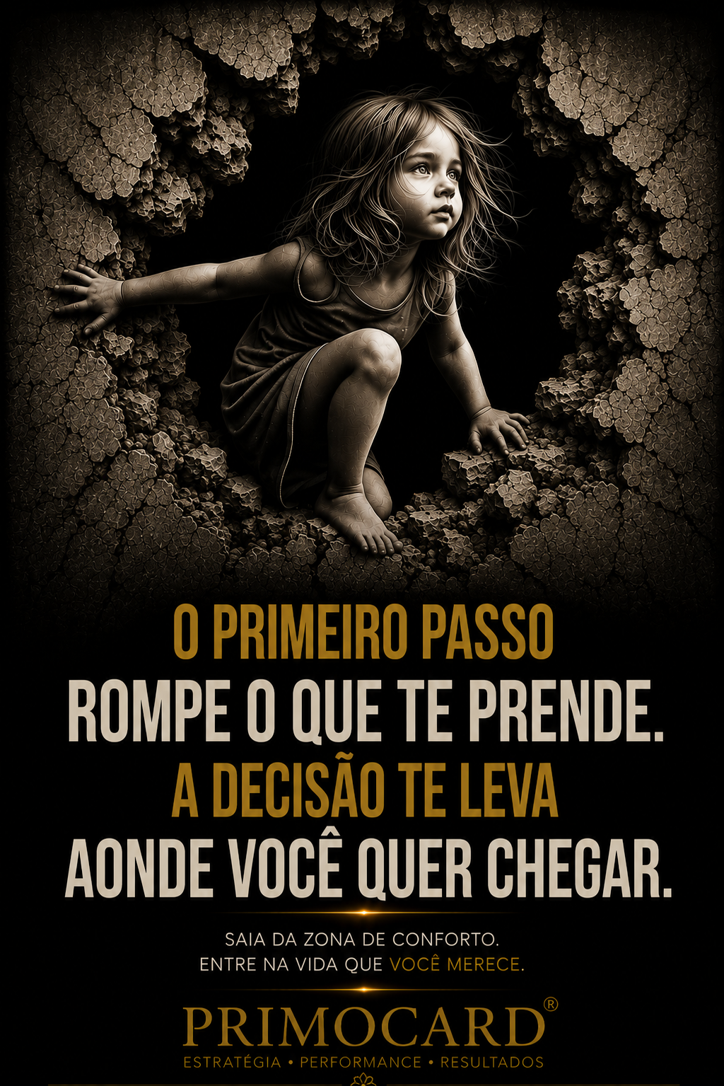 Menina saindo por uma abertura em uma estrutura escura, representando coragem, primeiro passo e rompimento da zona de conforto.