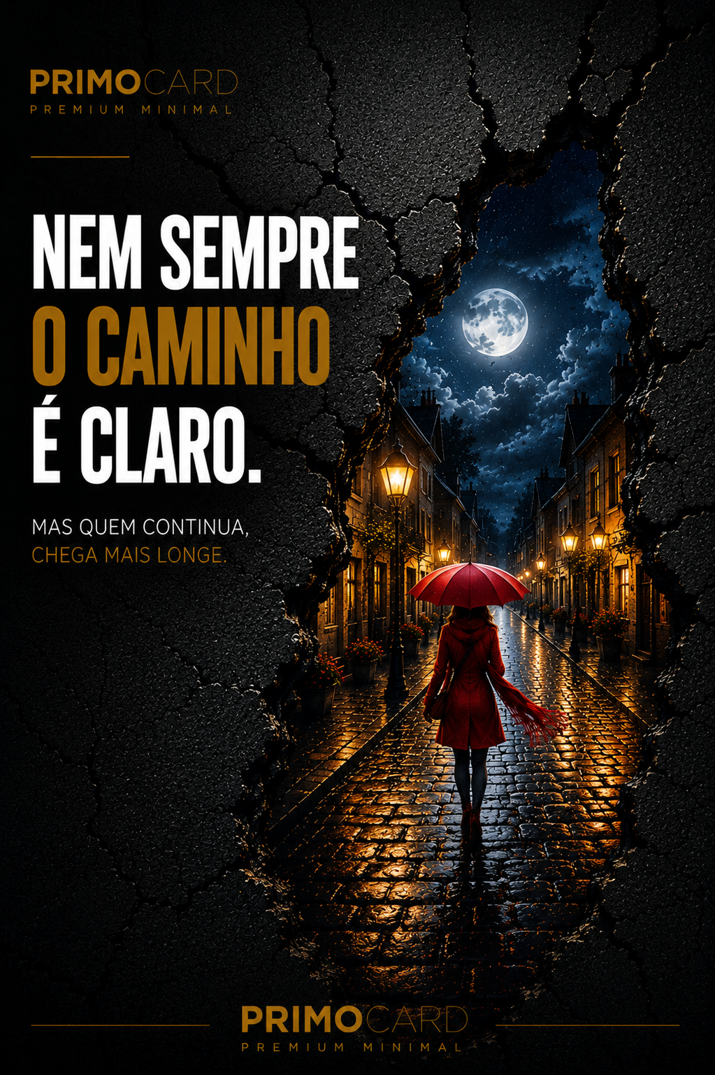 Mulher com guarda-chuva vermelho caminhando por uma rua noturna revelada por uma abertura em uma parede escura.
