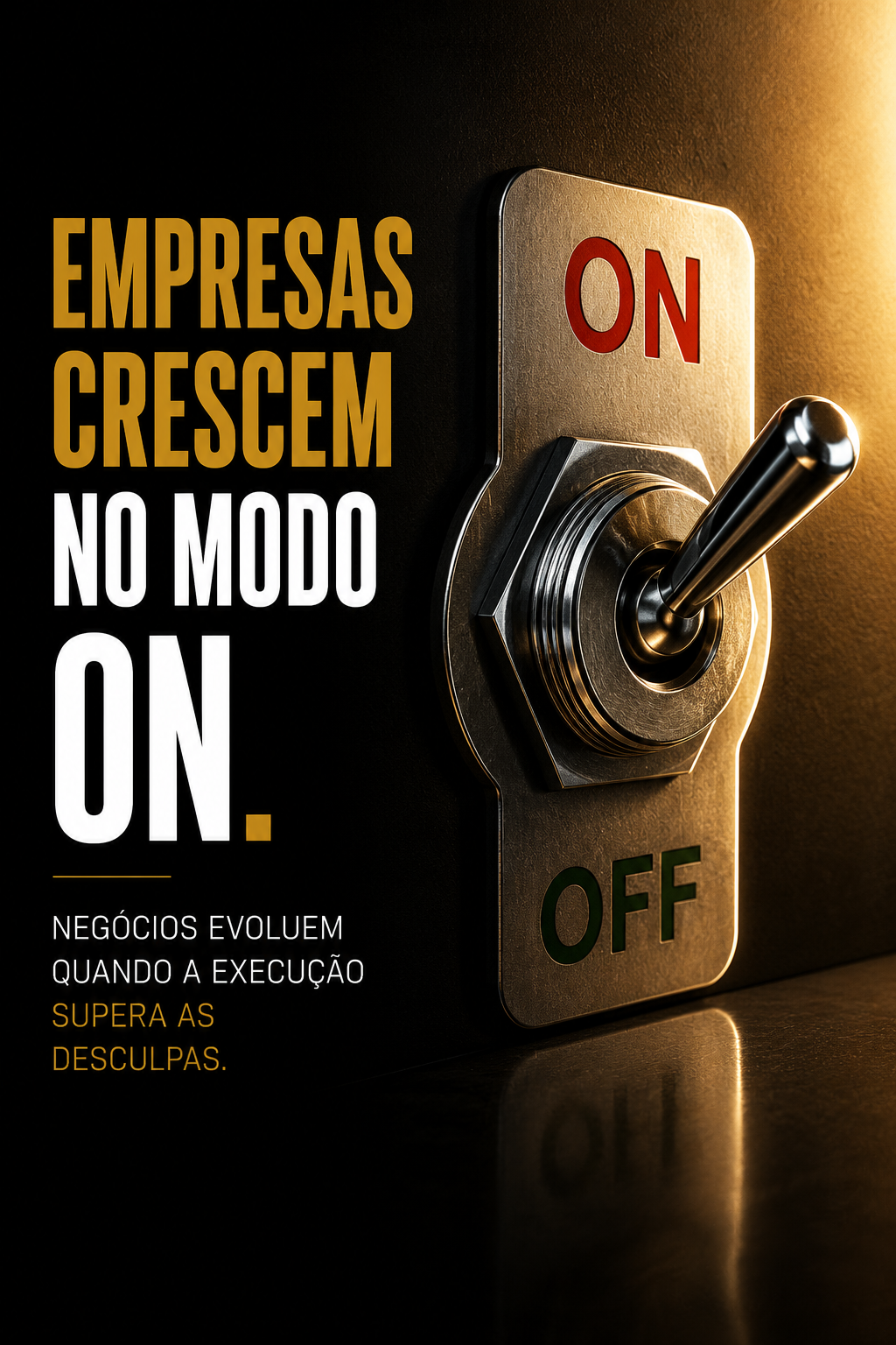 Alavanca metálica posicionada no modo ligado para representar ativação, ação e execução empresarial.