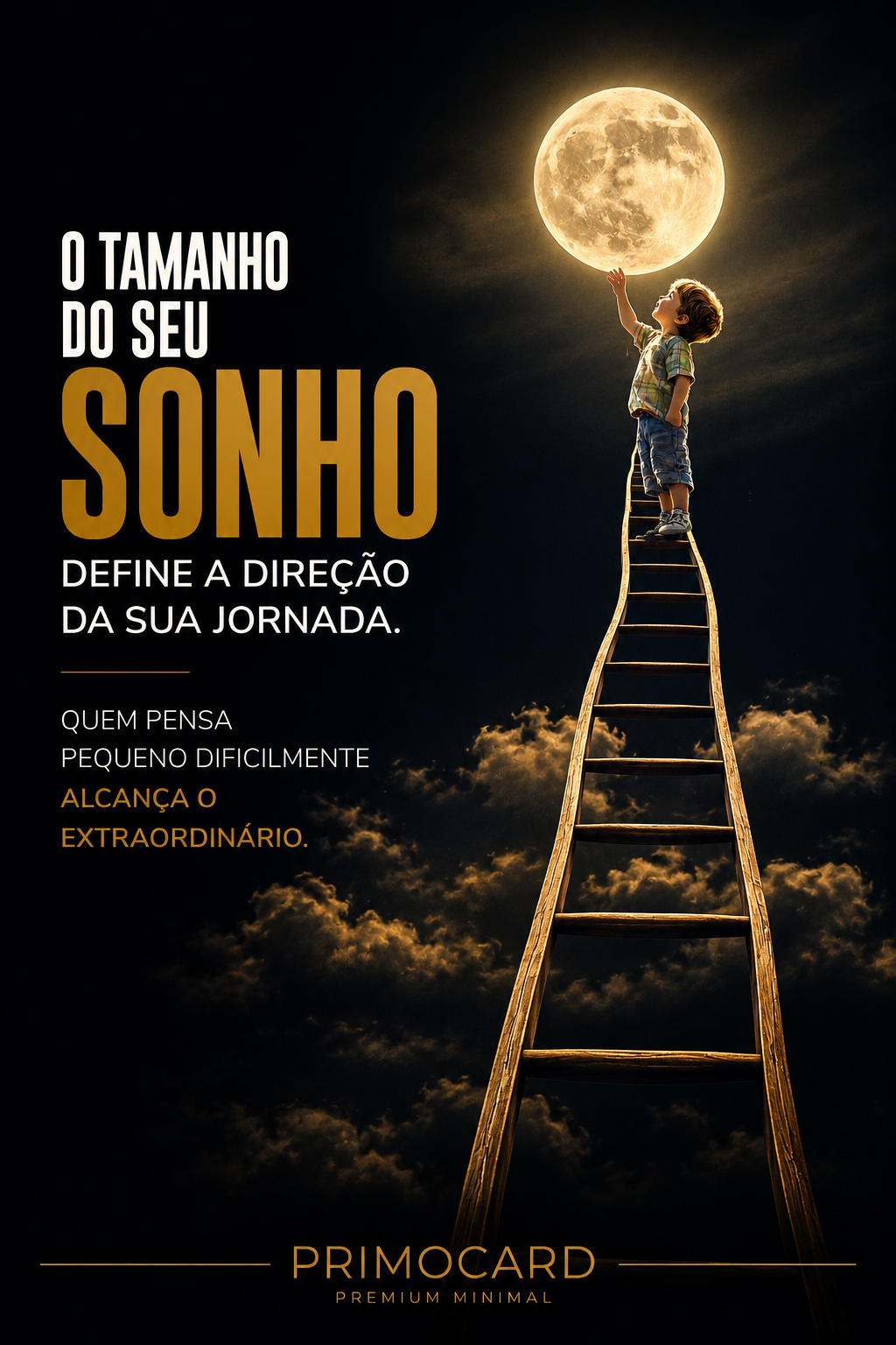 Menino sobre uma escada tentando alcançar uma grande lua iluminada, representando ambição, visão e crescimento.