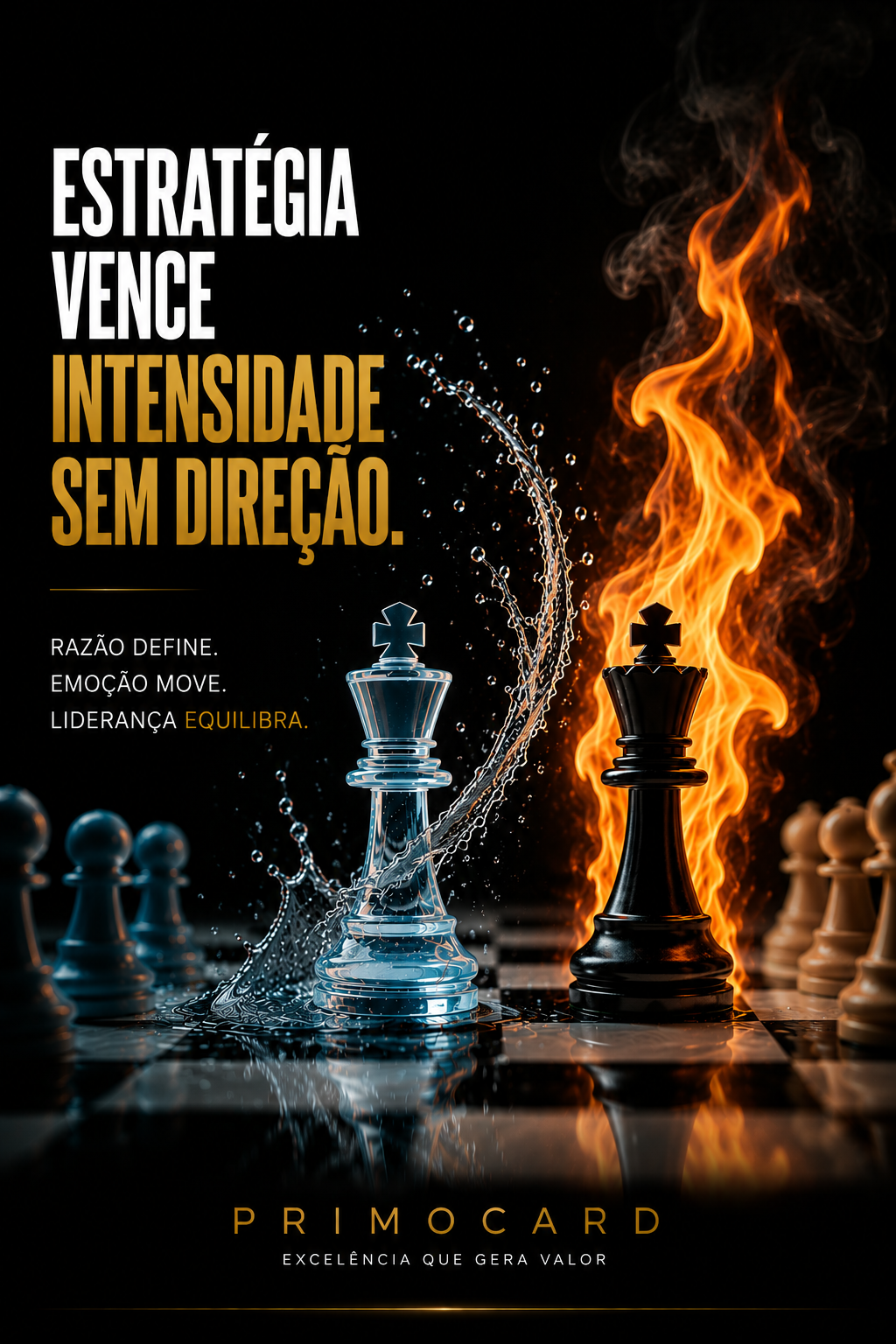 Peças de xadrez representando razão e emoção por meio de água e fogo, simbolizando equilíbrio estratégico na liderança.