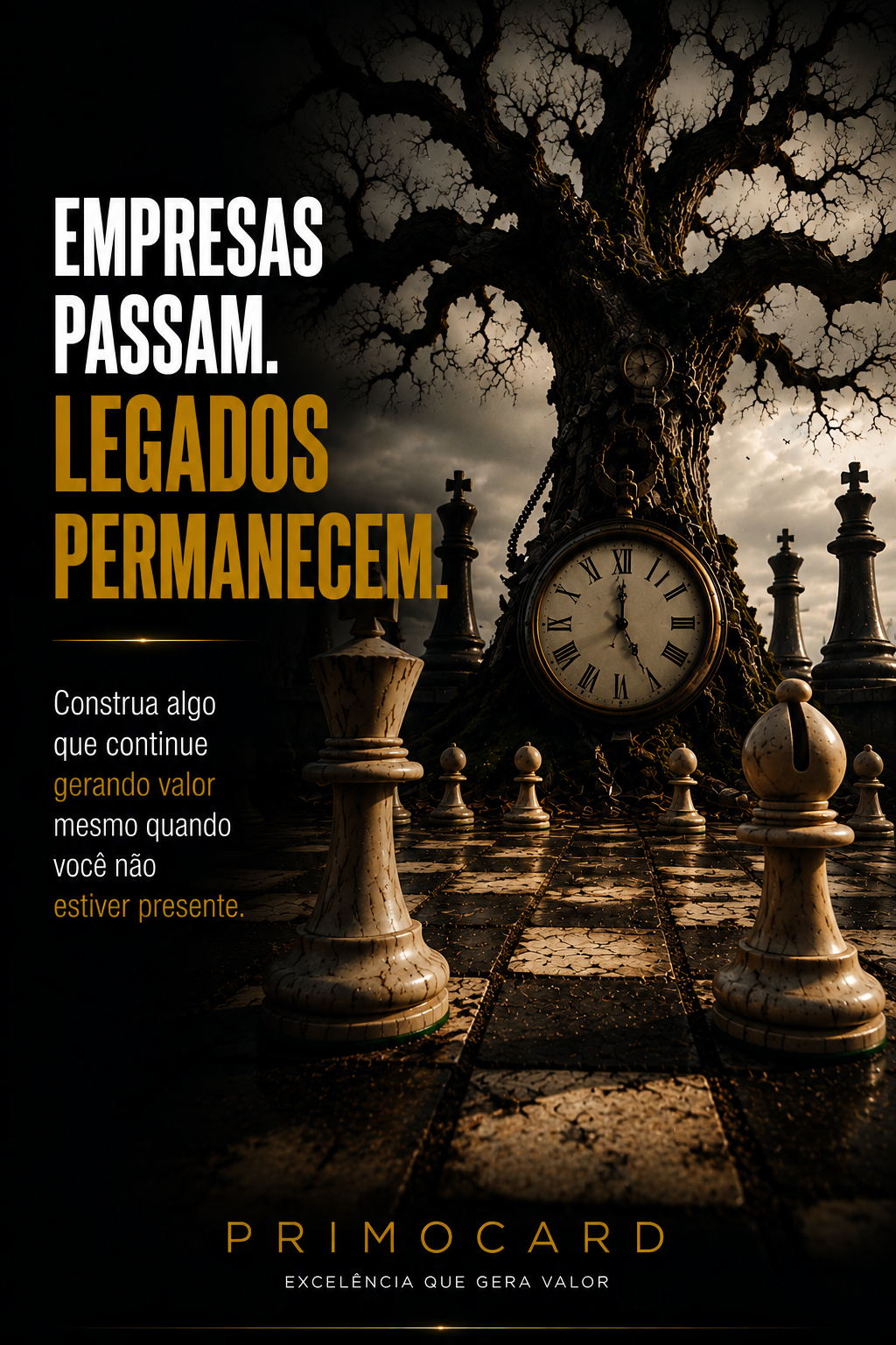 Antiga árvore cercada por relógios e peças de xadrez, representando a passagem do tempo e a permanência do legado.