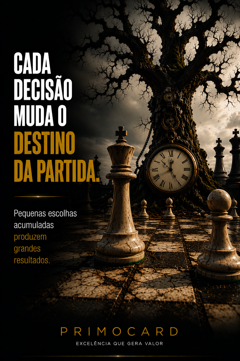 Tabuleiro de xadrez com peça central, relógio antigo e grande árvore, representando tempo, escolhas e destino.