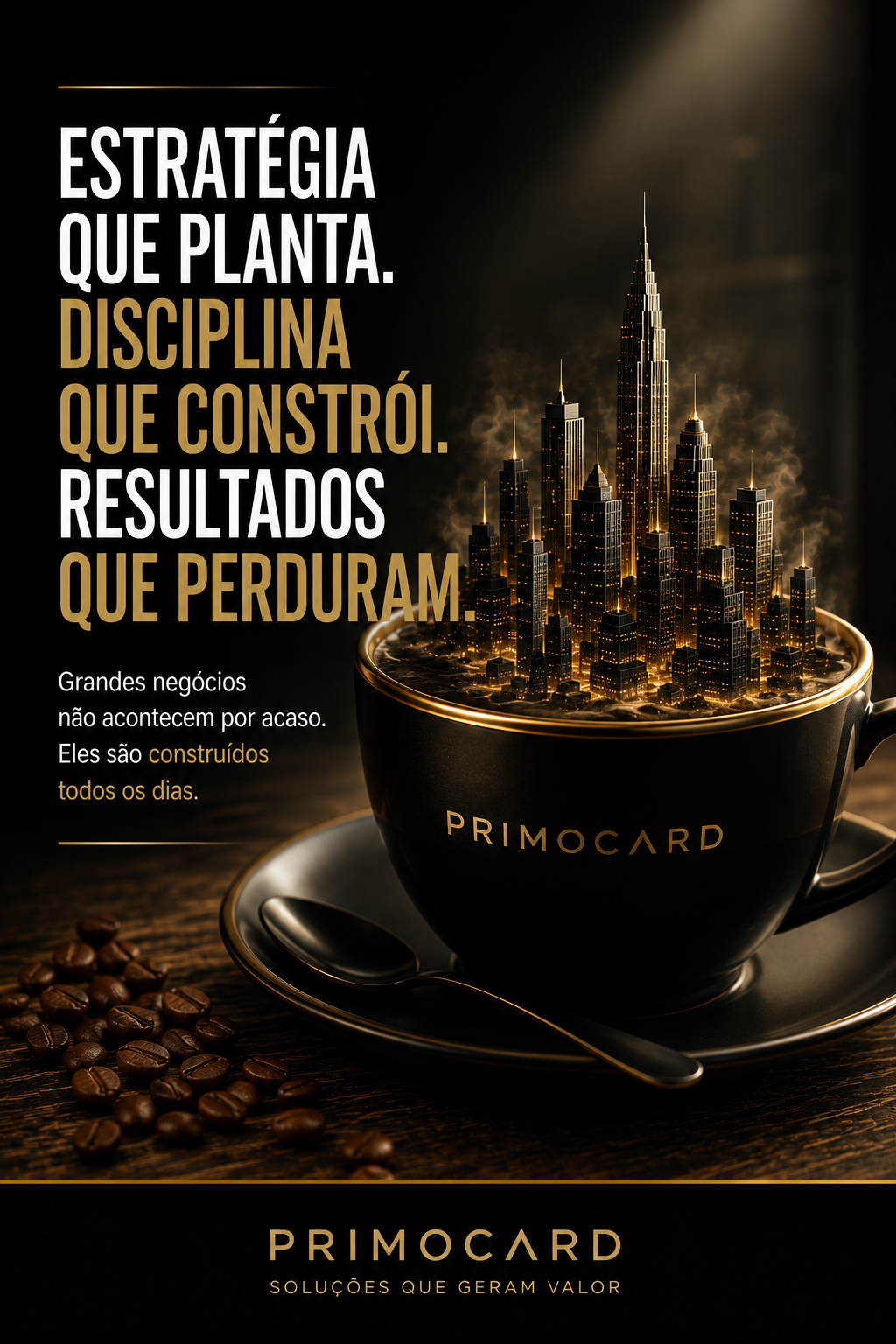 Xícara preta com uma cidade dourada surgindo de seu interior, simbolizando construção estratégica e crescimento.