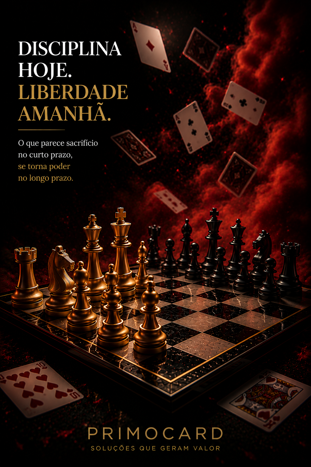 Peças de xadrez organizadas em um tabuleiro enquanto cartas de baralho caem ao fundo, representando disciplina e estratégia.