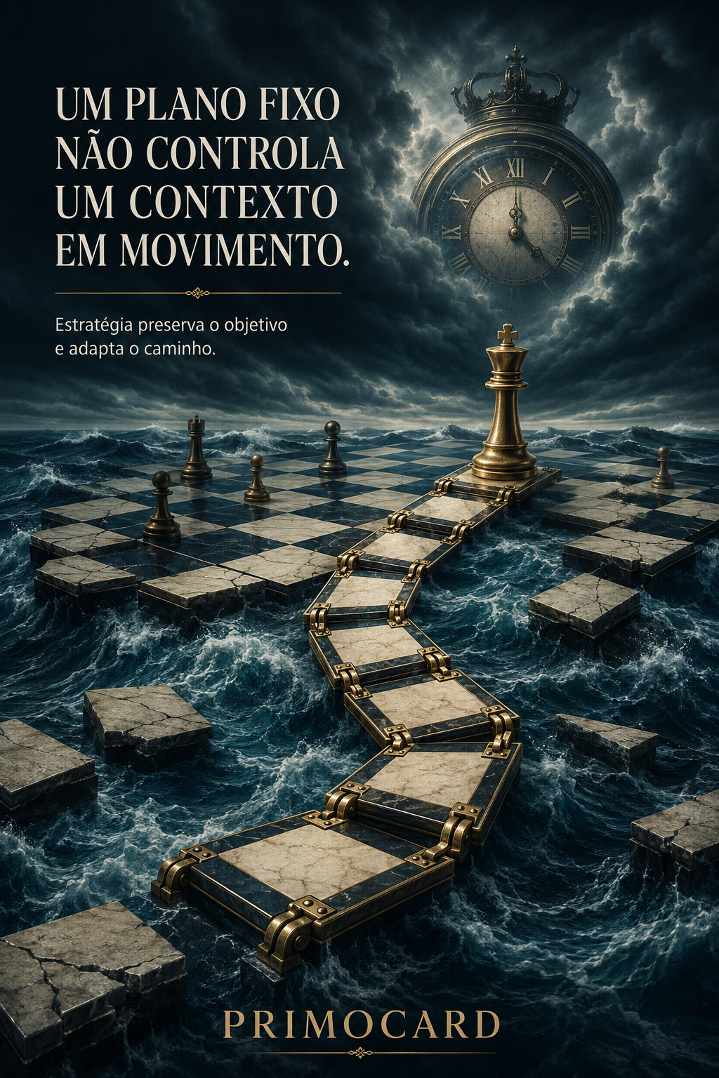 Tabuleiro de xadrez sobre o mar com caminho articulado, relógio e rei dourado representando estratégia flexível.