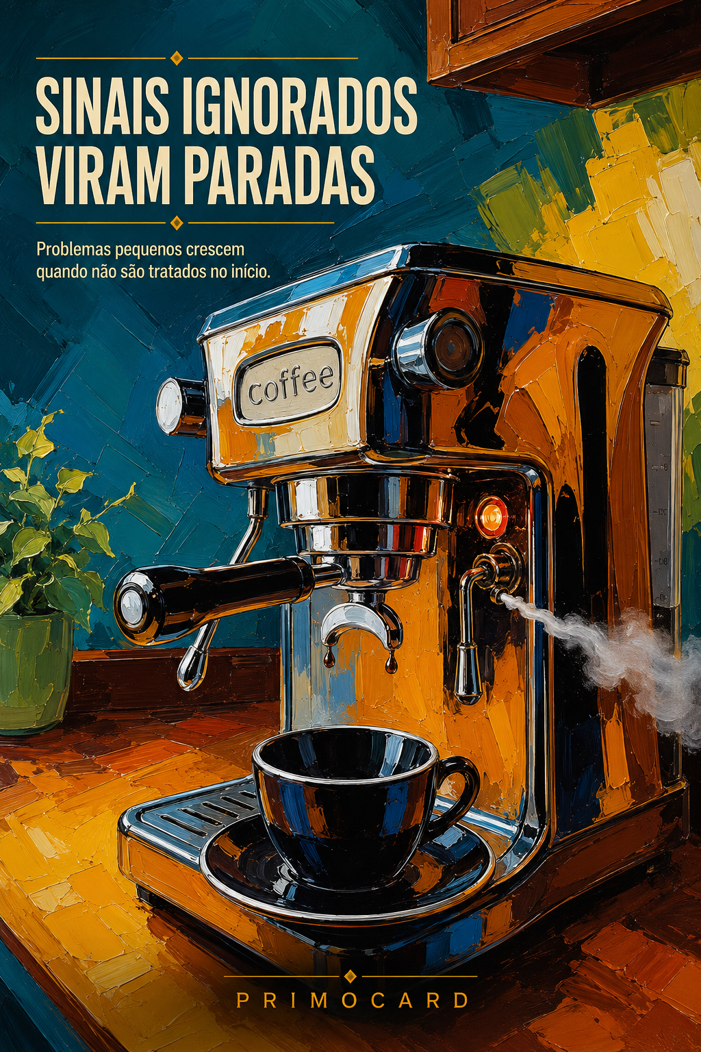 Máquina de café com vazamento e vapor representando pequenos problemas operacionais que podem provocar grandes paralisações.