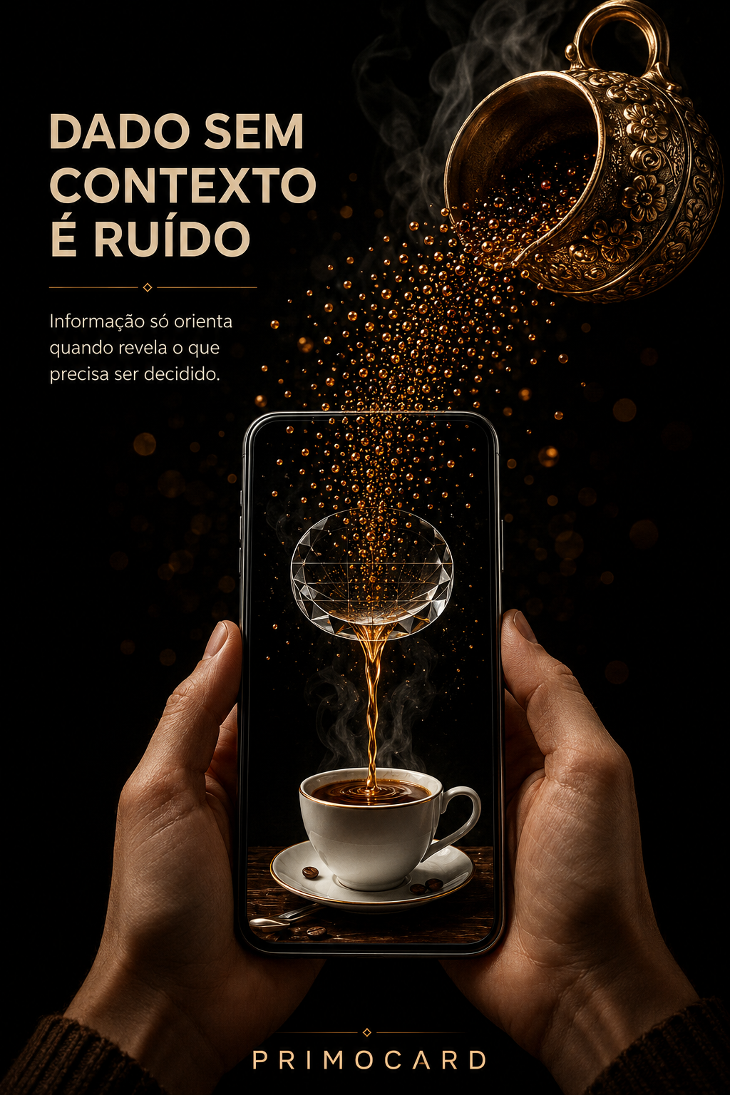 Mãos segurando celular enquanto partículas de café atravessam a tela e chegam a uma xícara, simbolizando dados contextualizados.
