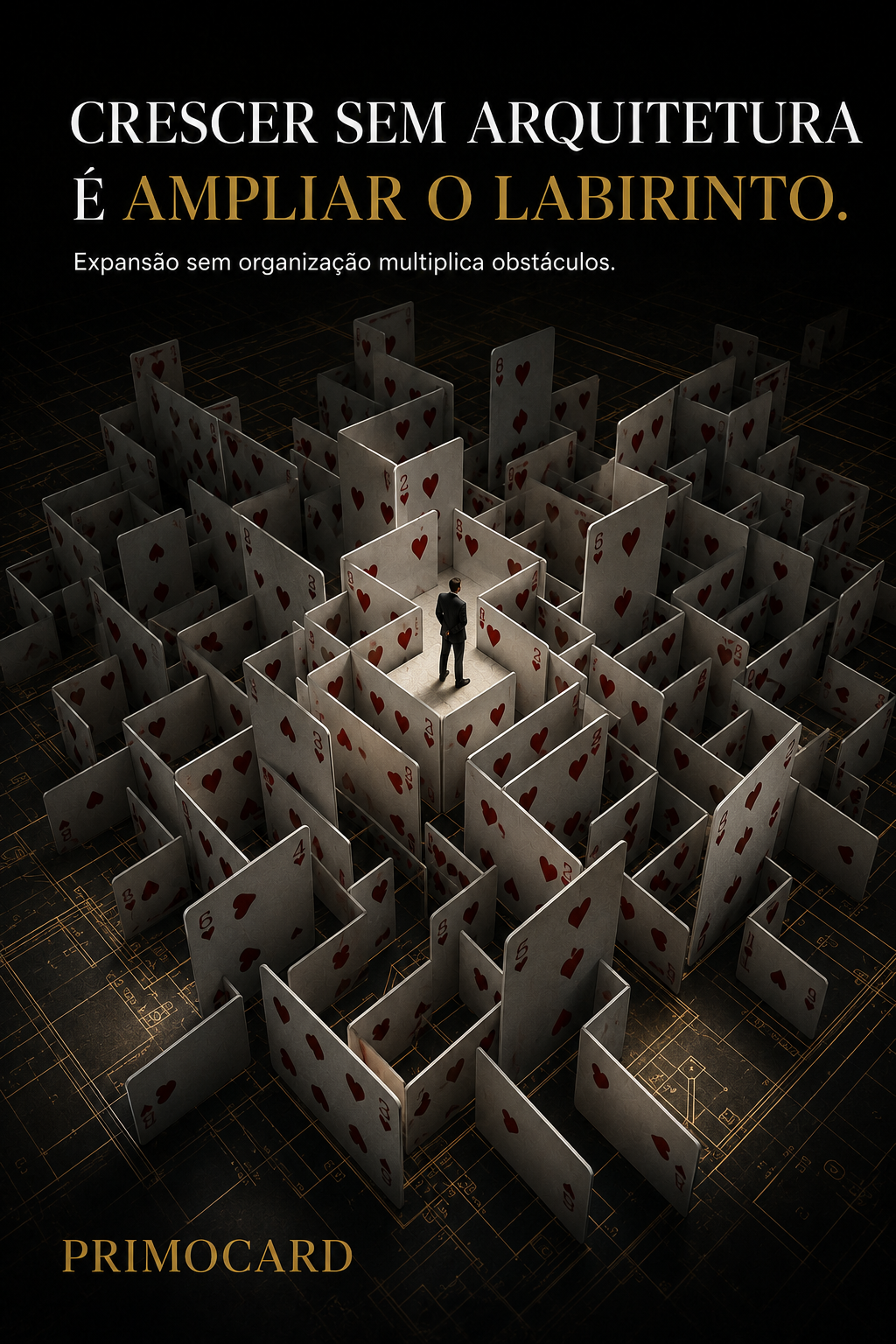 Pessoa posicionada no centro de um grande labirinto formado por cartas, simbolizando crescimento empresarial sem organização.