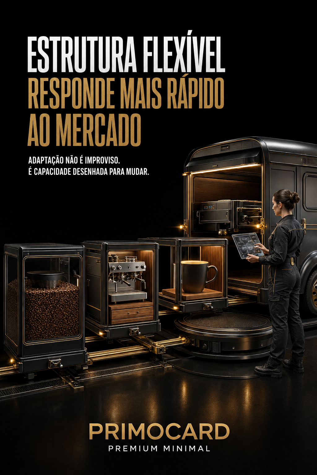 Módulos operacionais móveis sendo reorganizados por uma profissional, representando uma estrutura empresarial flexível.