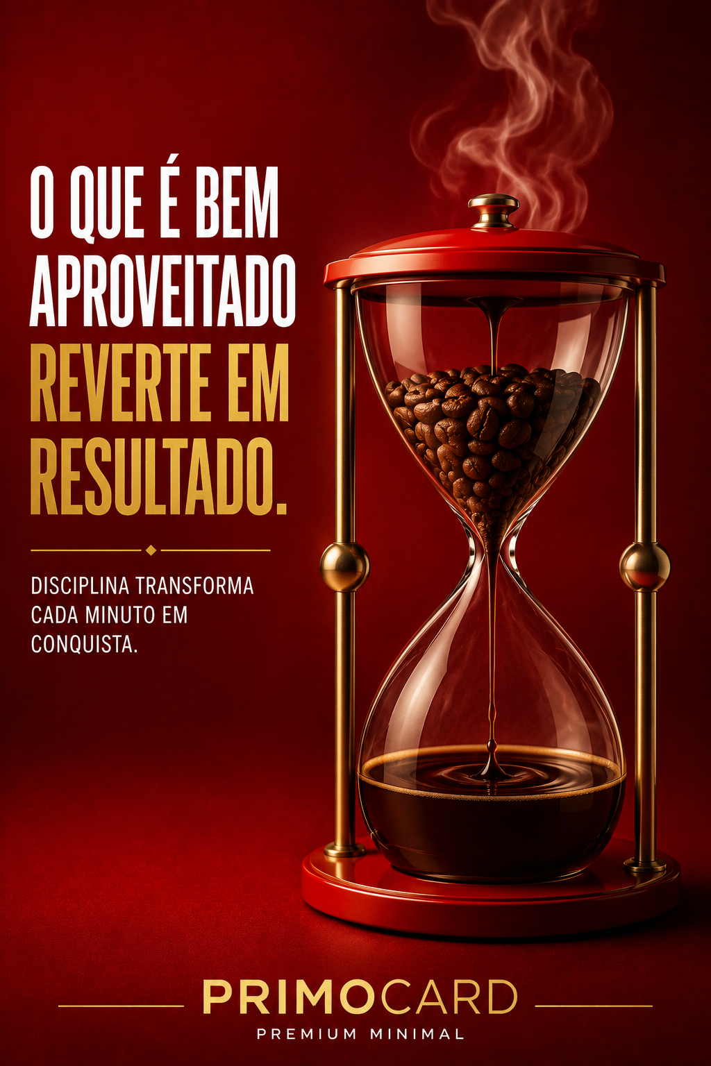 Ampulheta vermelha contendo grãos de café e emitindo vapor na parte superior.