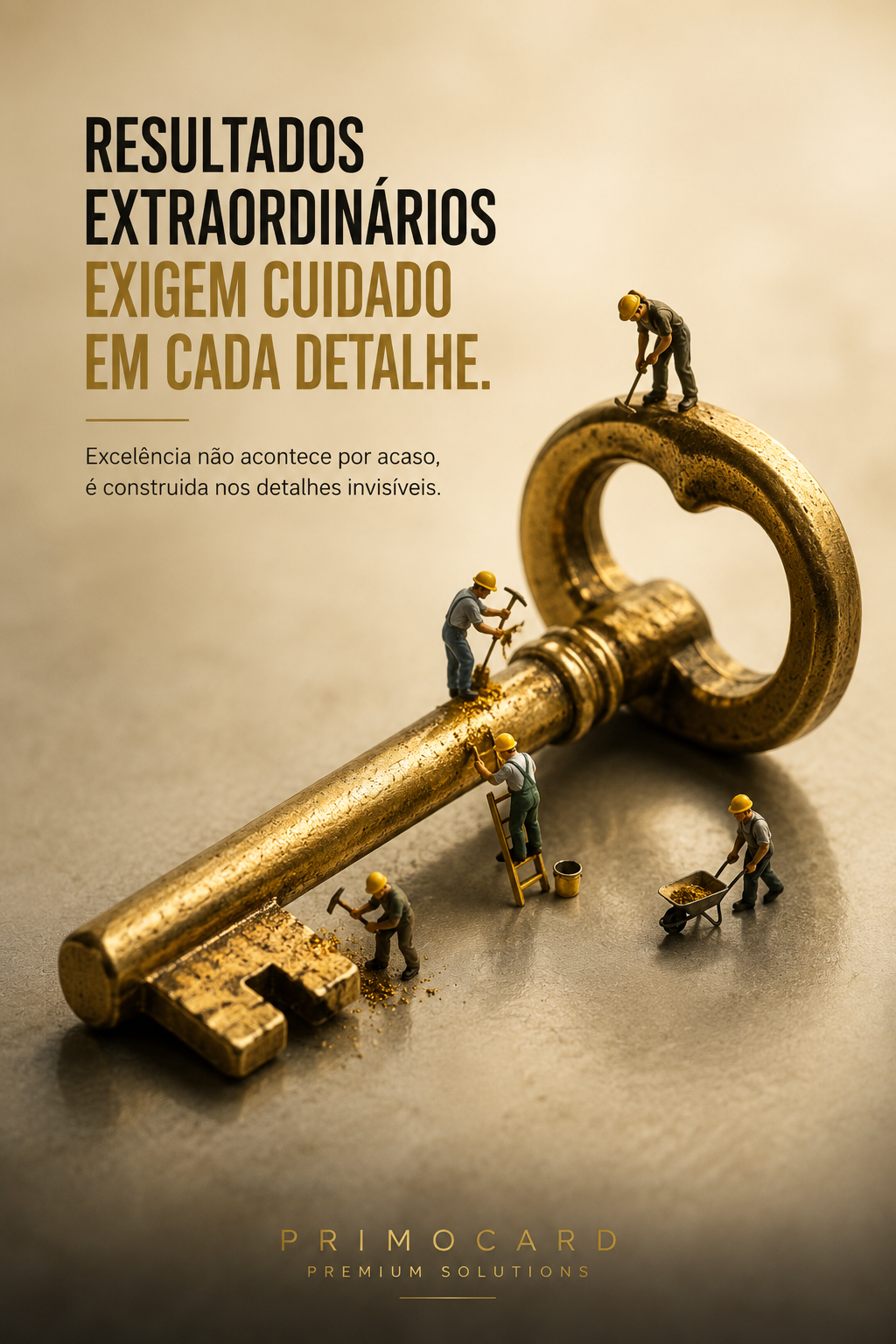 Pequenos trabalhadores realizam ajustes e acabamento em uma grande chave dourada.