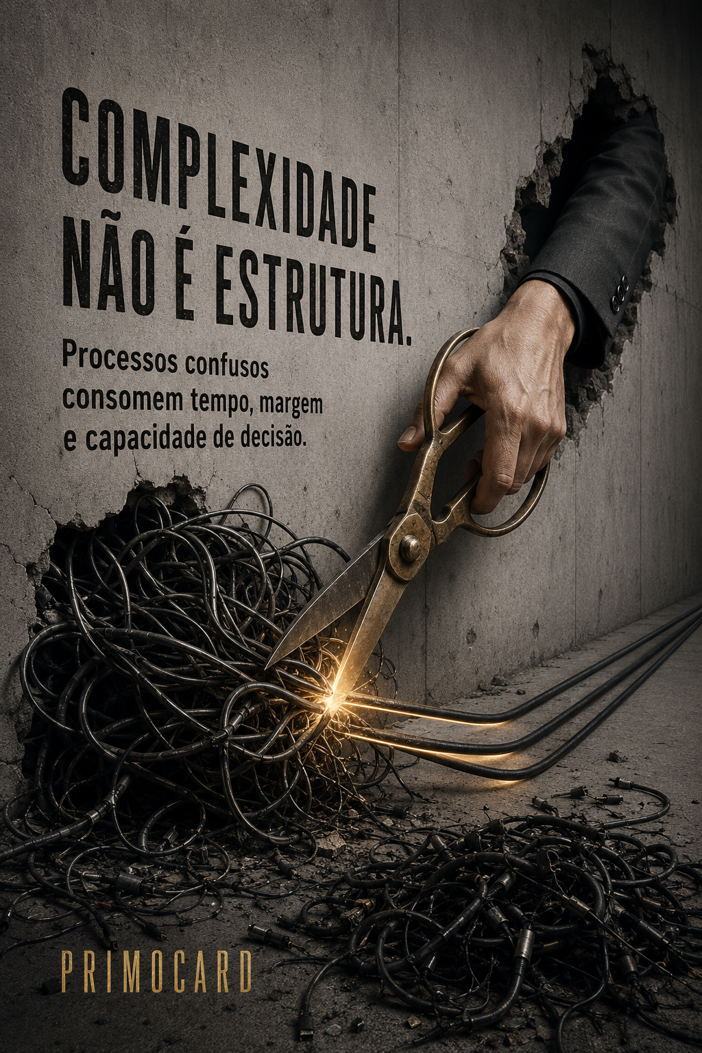 Mão com uma tesoura cortando um emaranhado de cabos, simbolizando simplificação e organização de processos.