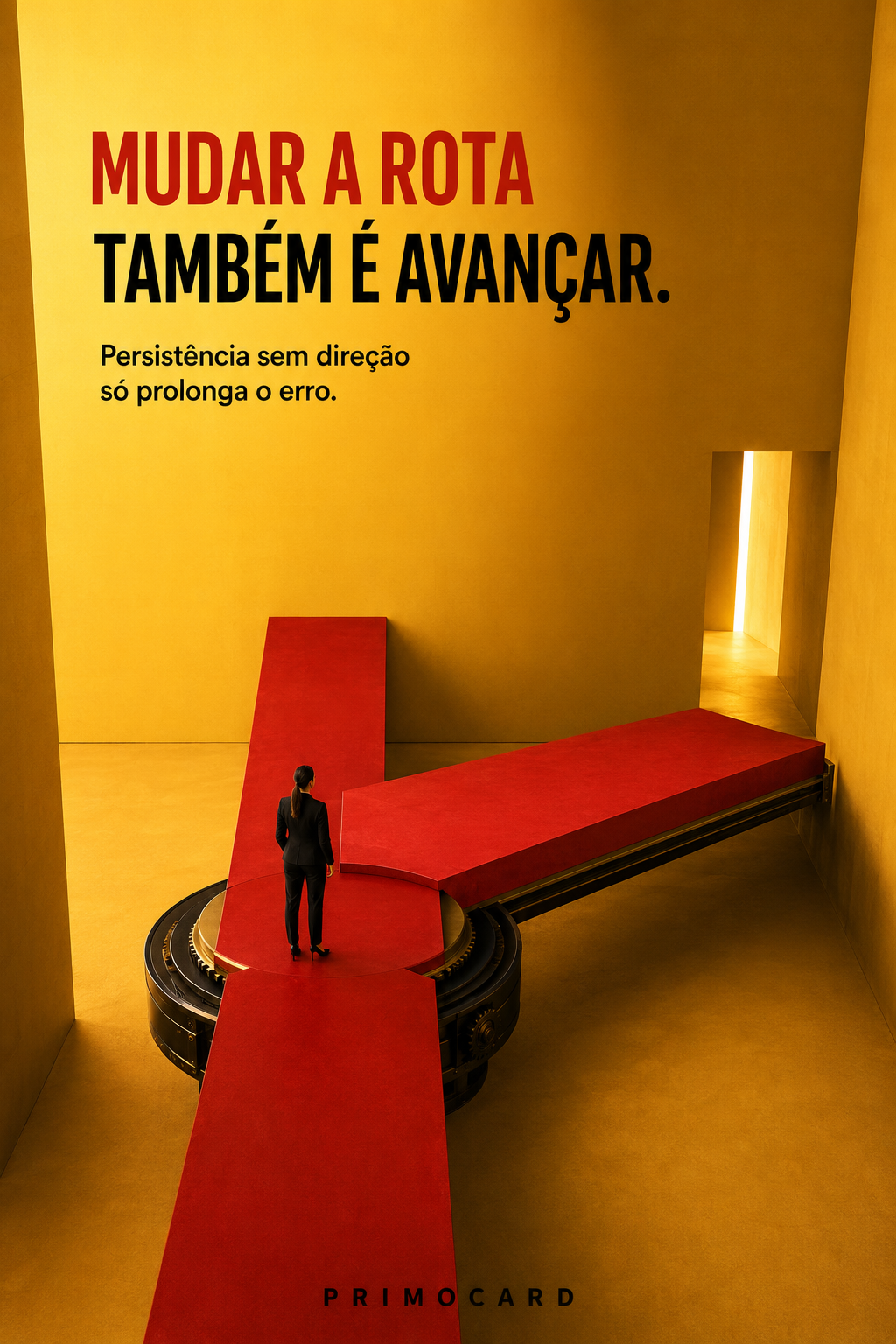 Mulher diante de caminhos vermelhos móveis em ambiente amarelo, representando mudança de rota estratégica.