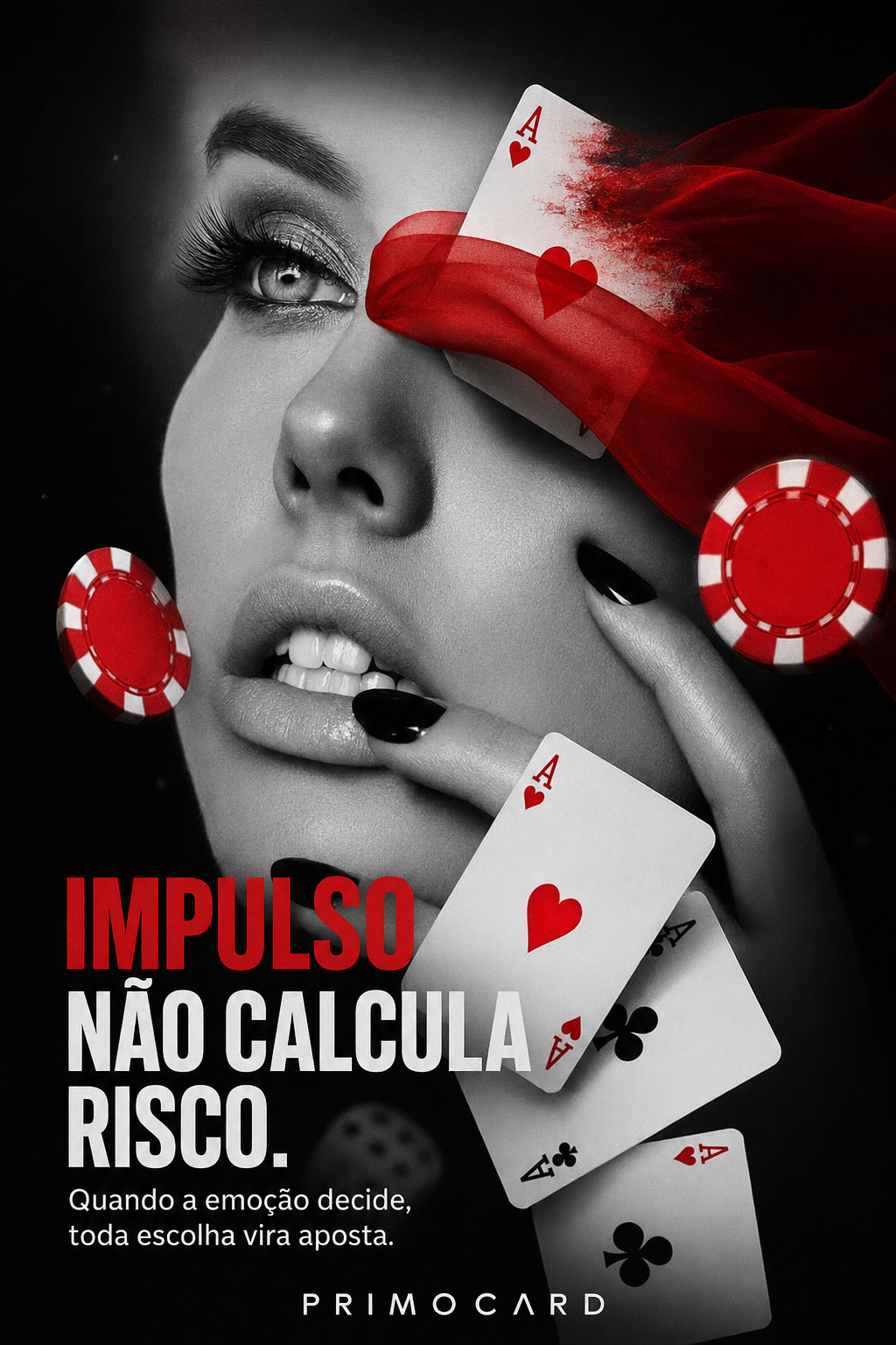 Mulher cercada por cartas e fichas de jogo, representando impulso, emoção e riscos não calculados.