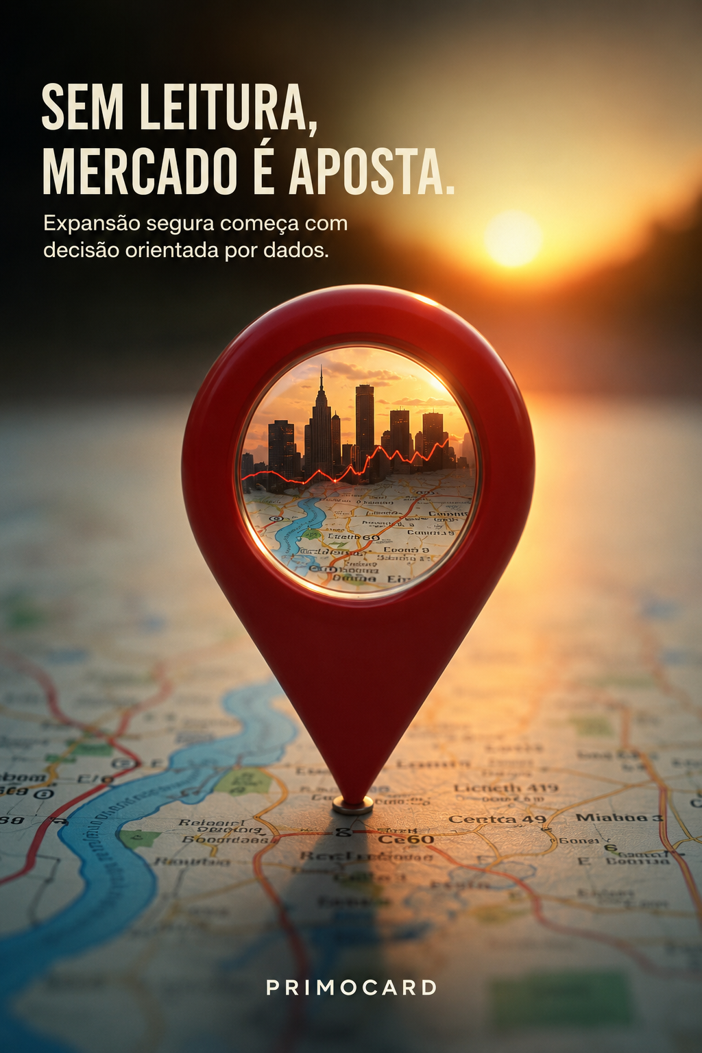 Marcador vermelho sobre um mapa com cidade e gráfico em seu interior, representando expansão orientada por dados de mercado.