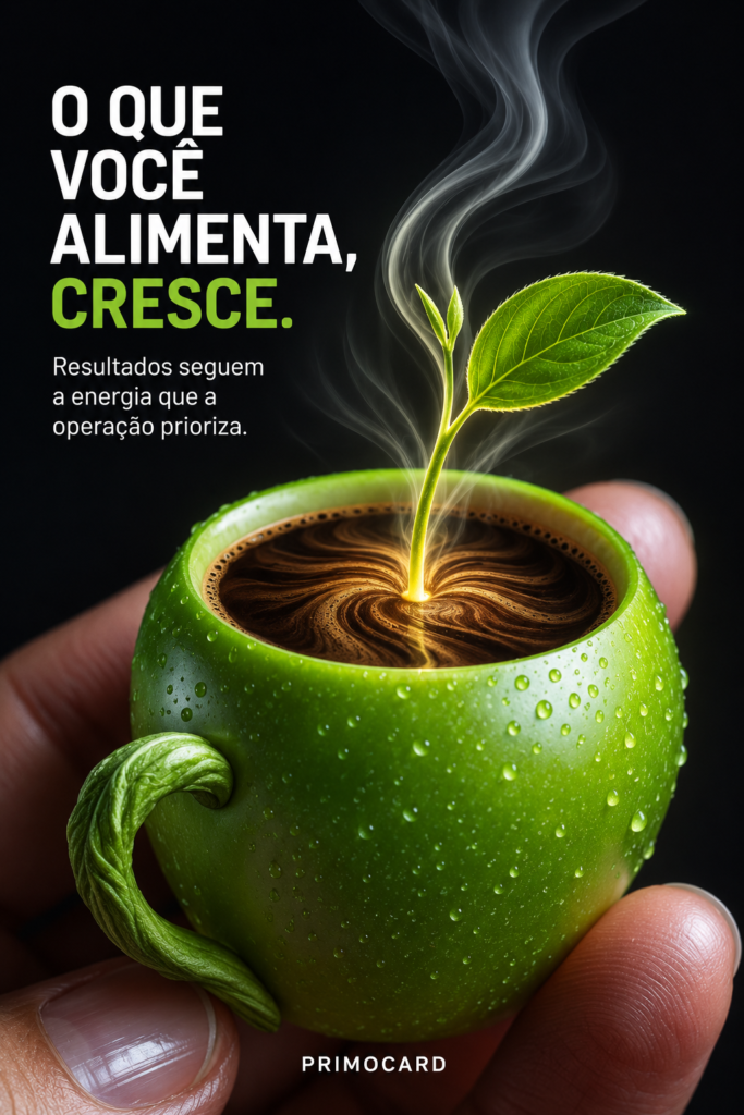 Broto verde crescendo dentro de uma pequena xícara orgânica, simbolizando resultados alimentados pelas prioridades da empresa.