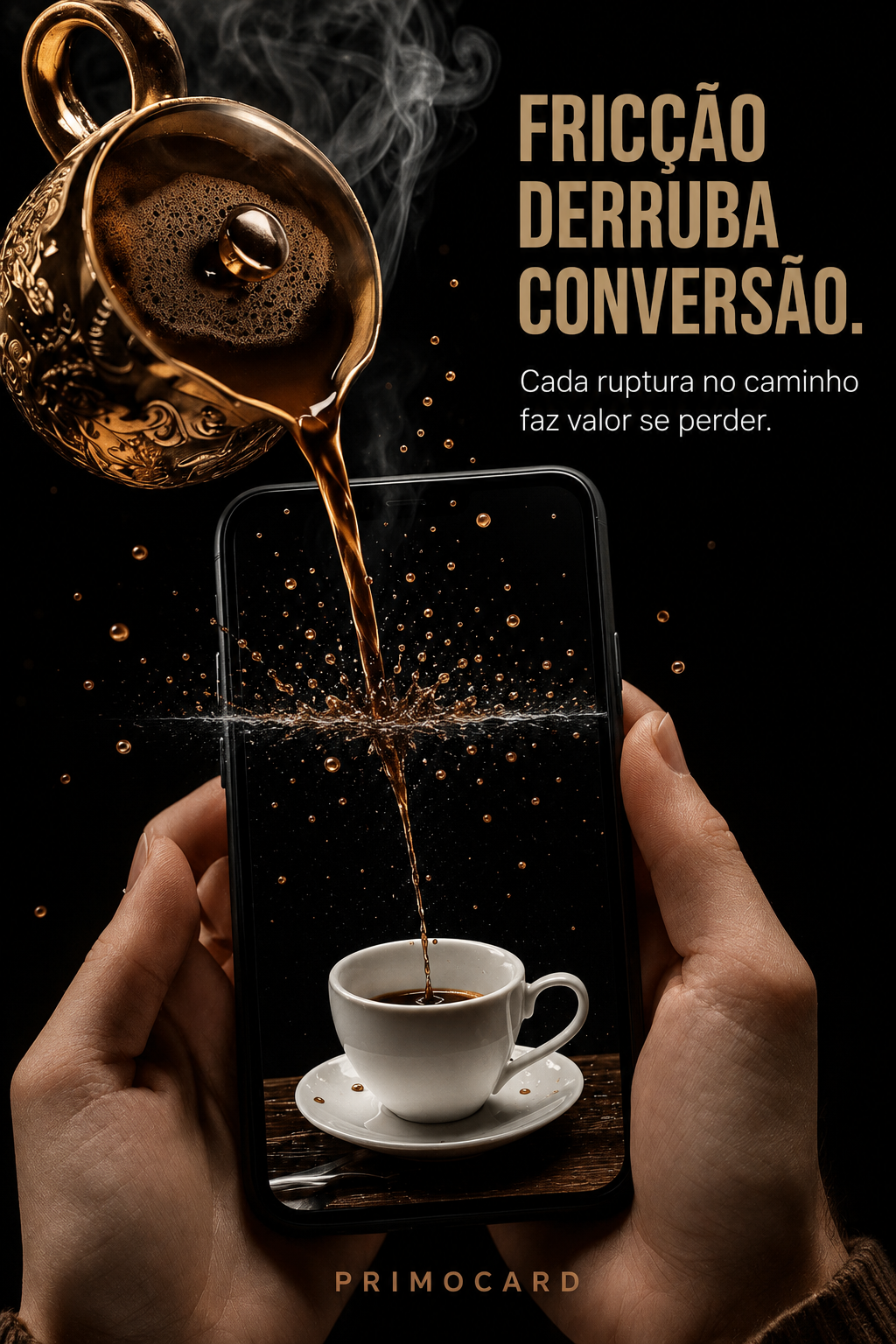 Café sendo derramado através da tela de um celular até uma xícara, representando rupturas na jornada de conversão.