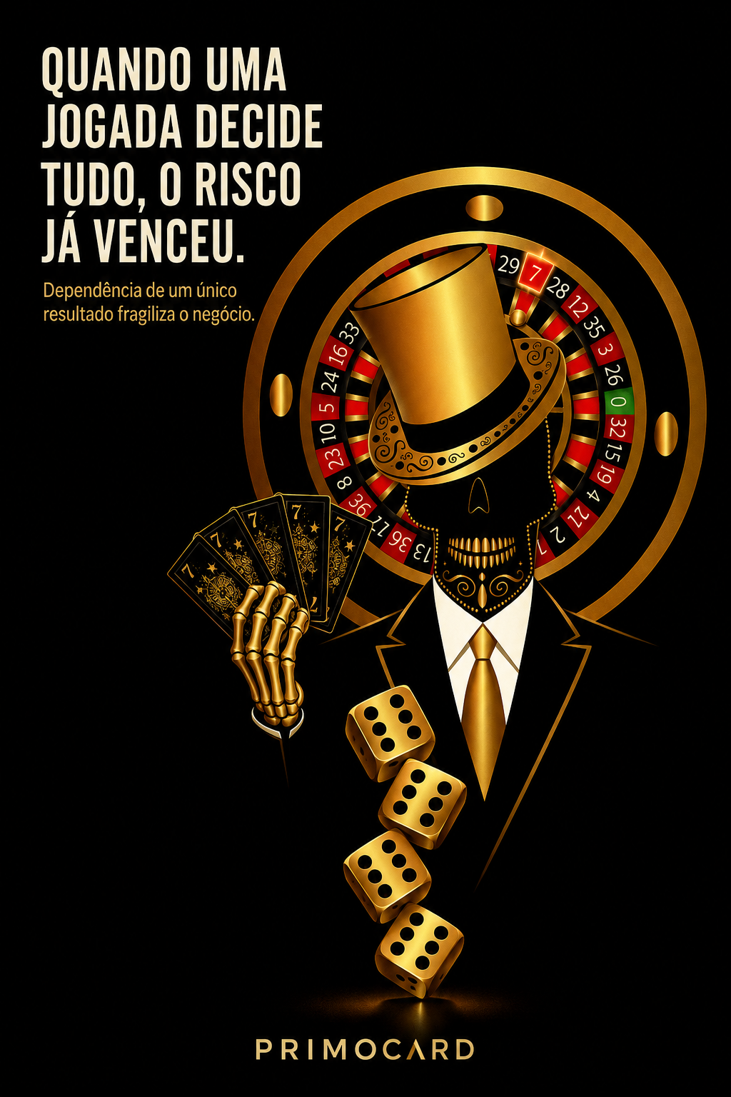 Personagem elegante diante de uma roleta com cartas e dados dourados, representando risco e dependência empresarial.