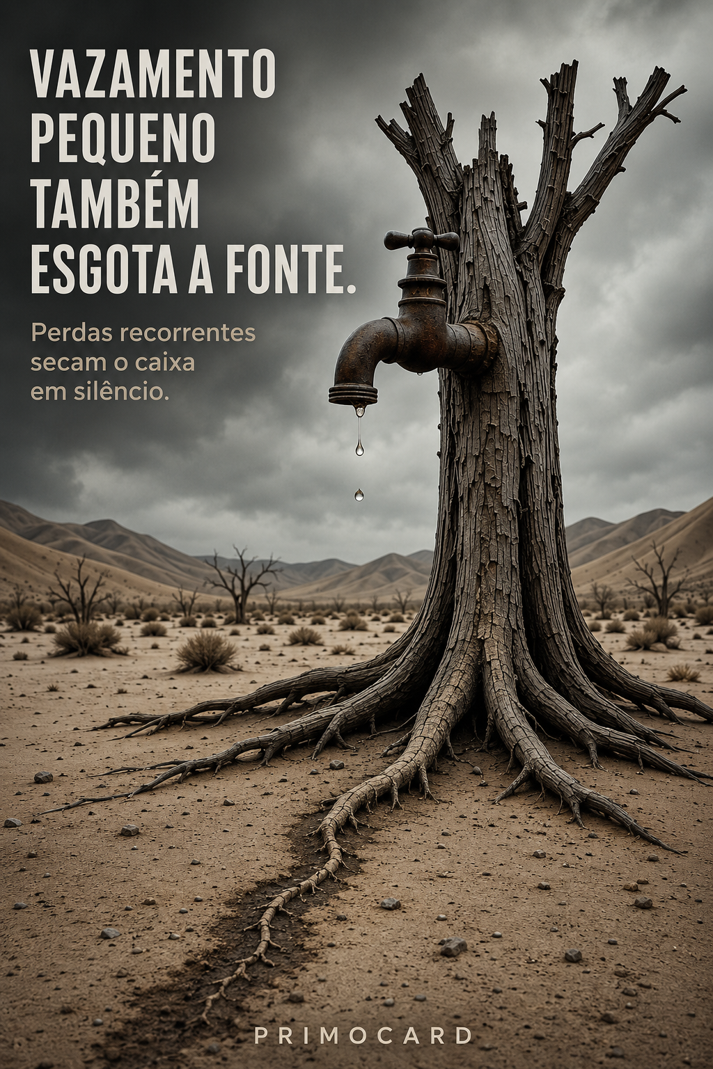 Torneira instalada em árvore seca pingando água em uma paisagem desértica, representando perdas financeiras recorrentes.