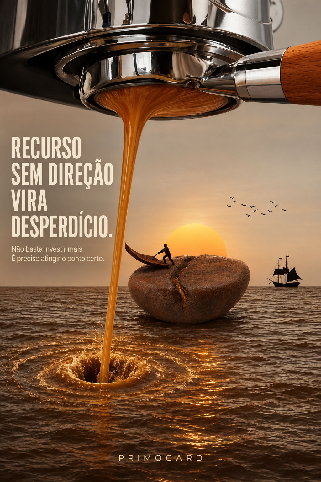 Café sendo despejado no mar enquanto um homem permanece sobre um grão gigante, representando recursos desperdiçados.