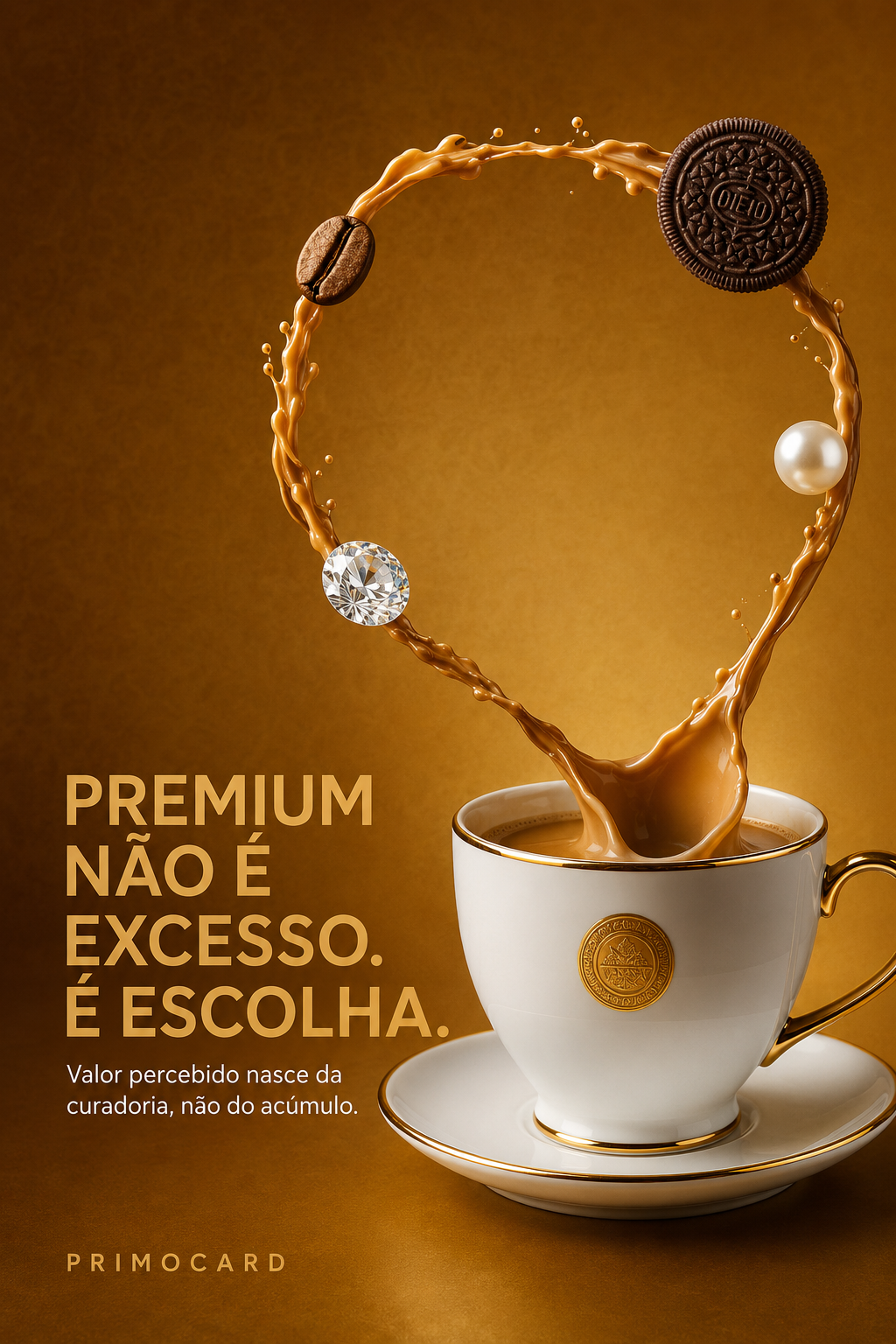 Xícara sofisticada com café formando um coração ao lado de pérola, diamante e biscoito, representando escolhas premium