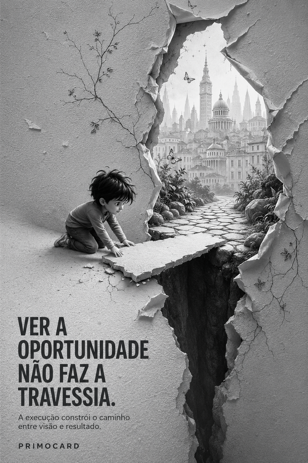 Criança diante de um abismo observando uma cidade através de uma abertura na parede, representando oportunidade sem execução.
