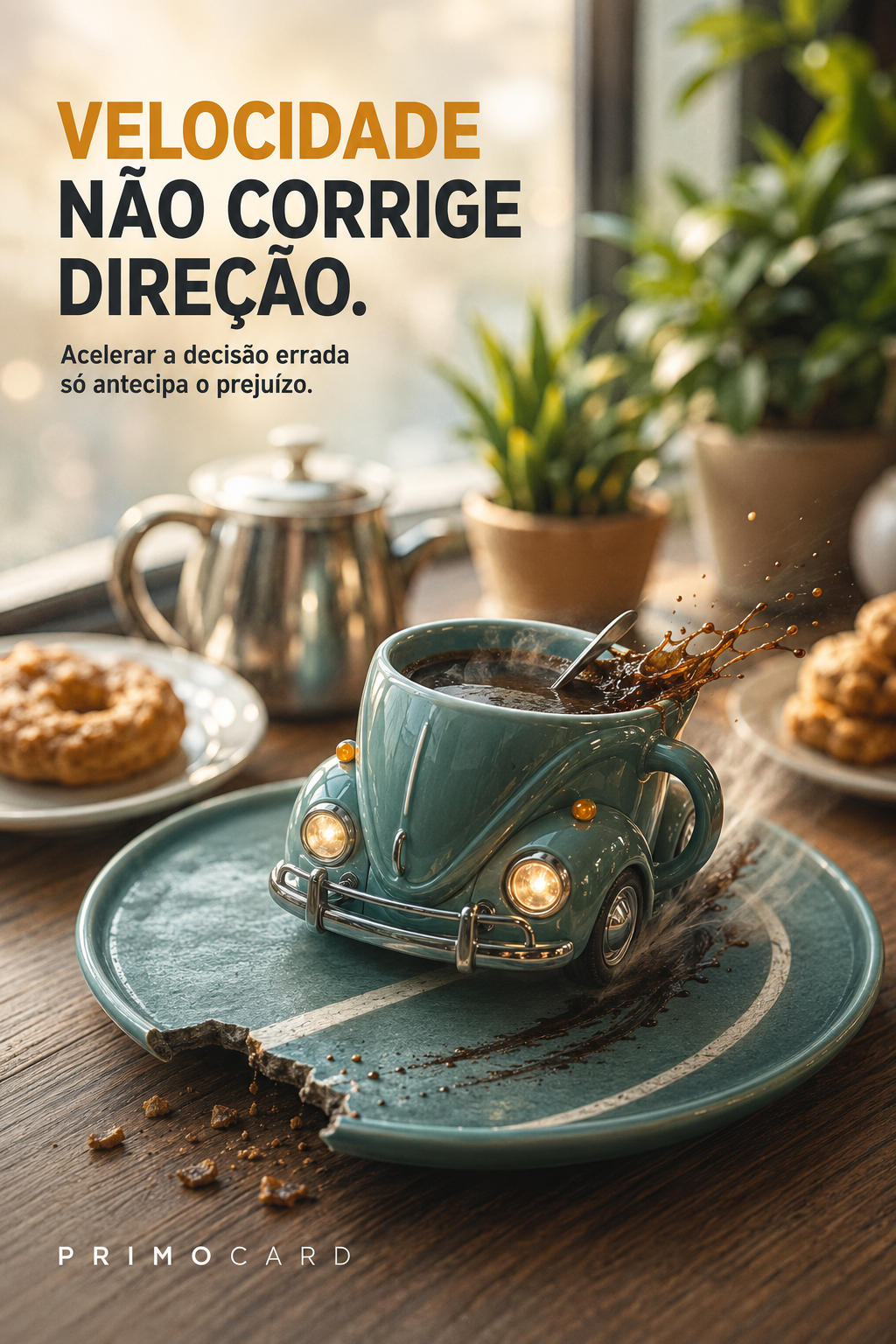 Xícara em formato de carro avançando sobre um pires quebrado, representando velocidade na direção errada.