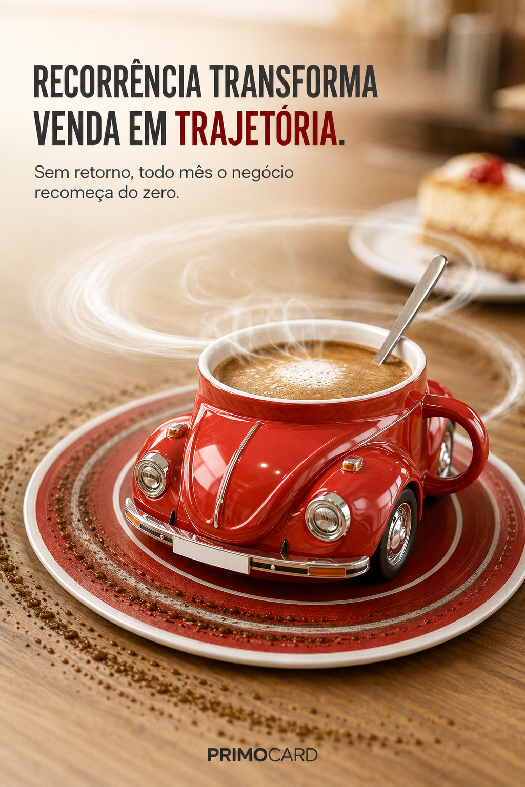 Xícara de café em formato de carro vermelho percorrendo uma trajetória circular, simbolizando vendas recorrentes.