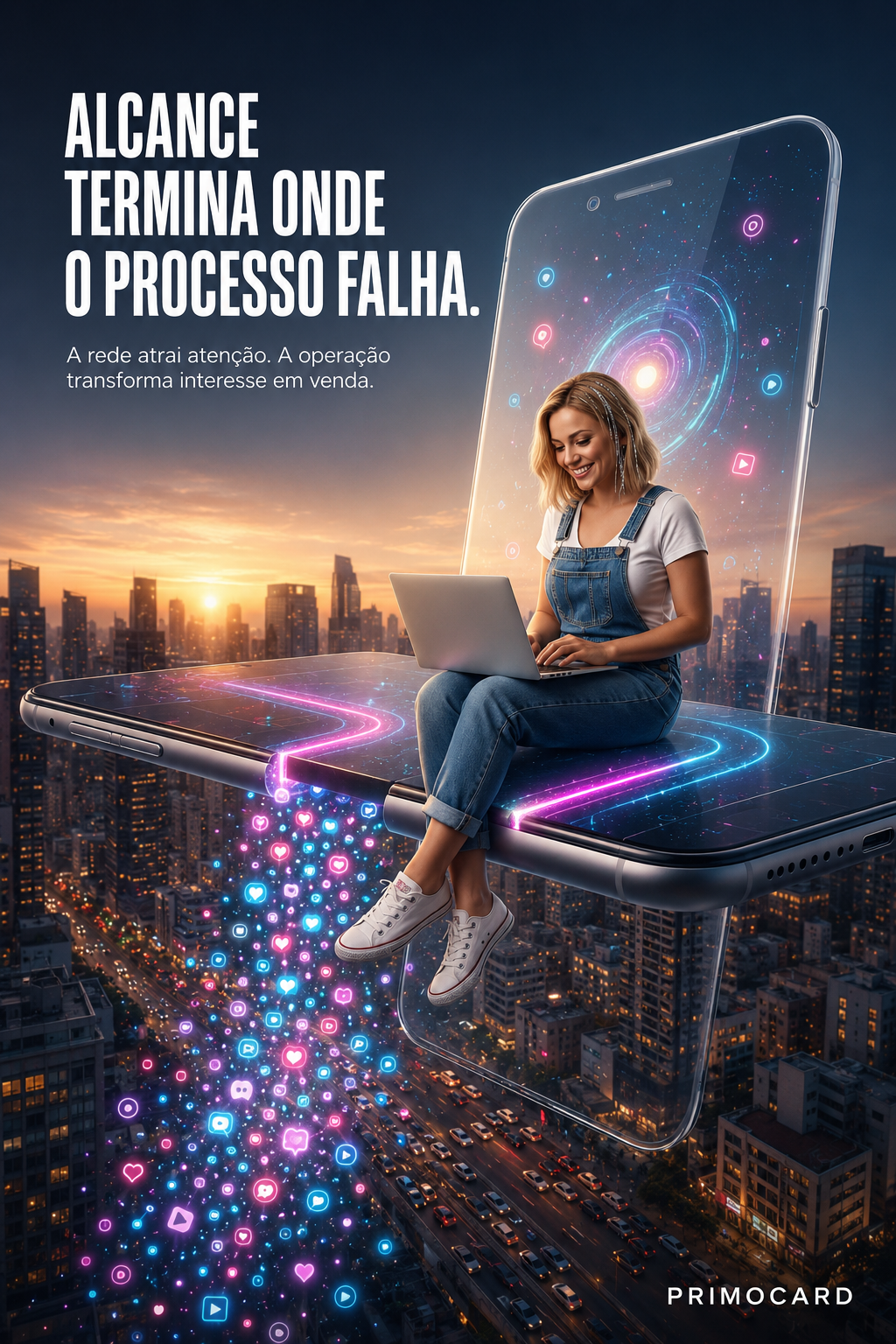 Mulher trabalhando sobre celulares gigantes cercados por ícones digitais, representando alcance online e operação comercial.