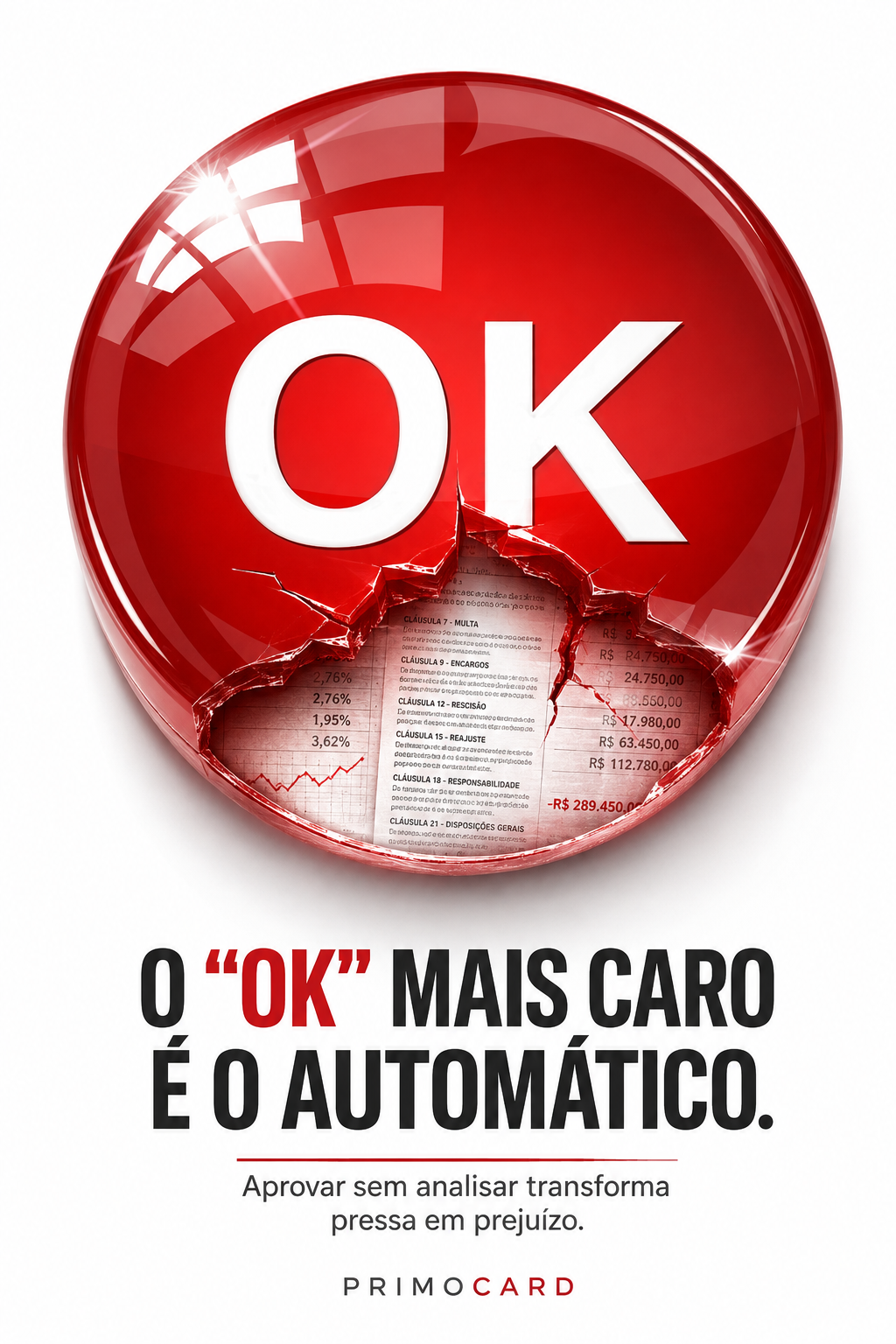 : Botão vermelho com a palavra OK quebrado e revelando valores negativos e cláusulas em seu interior.
