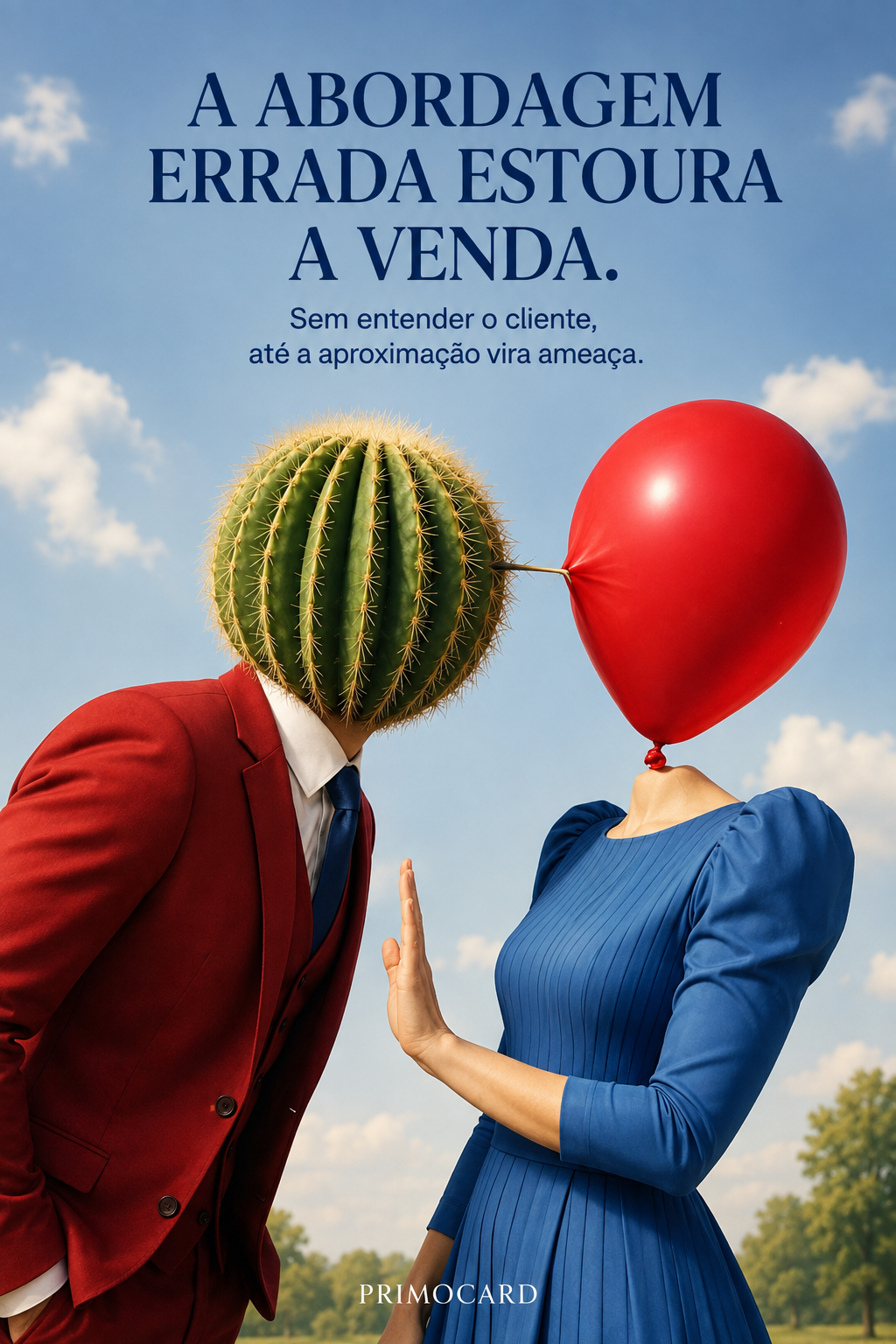 Pessoa com cabeça de cacto aproximando-se de outra com cabeça de balão, simbolizando uma abordagem comercial agressiva.