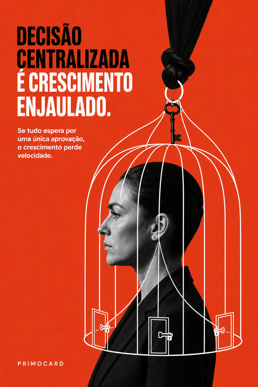 Empresária representada dentro de uma gaiola suspensa, simbolizando o crescimento limitado pela centralização das decisões.