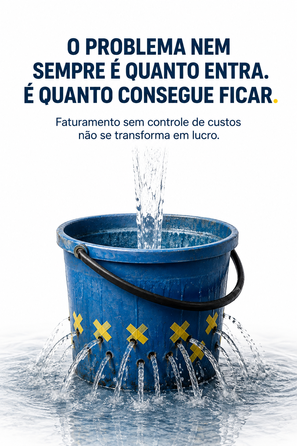 Balde azul furado recebendo água e perdendo o conteúdo, representando faturamento desperdiçado por custos sem controle.