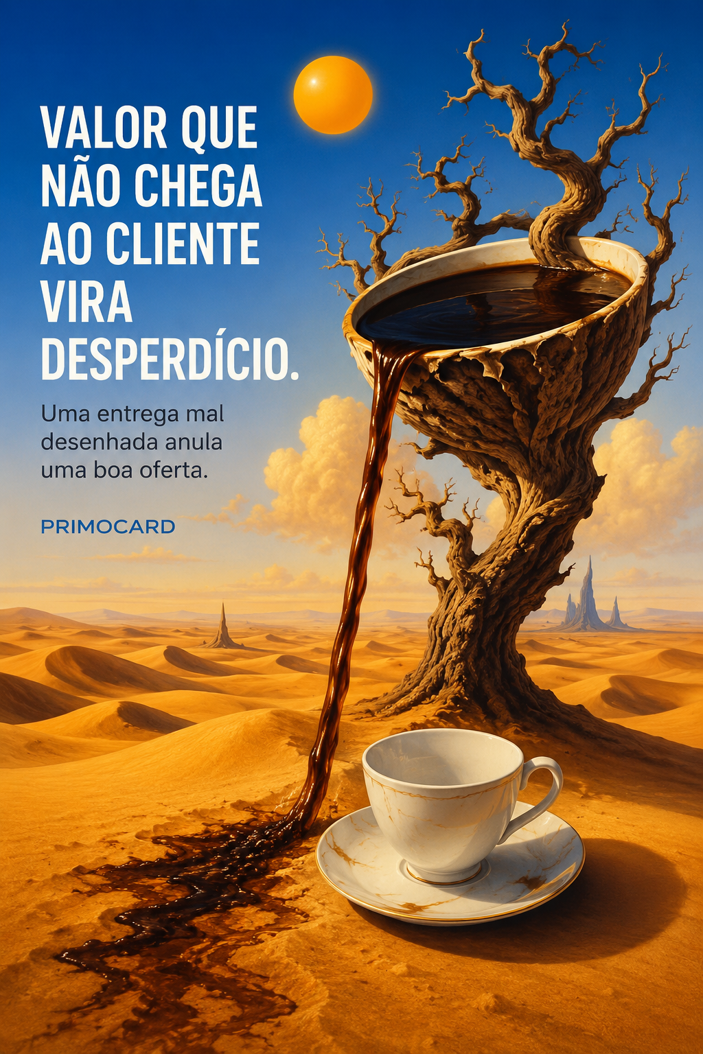 Árvore no deserto derramando café longe da xícara, representando uma proposta de valor que não chega ao cliente.