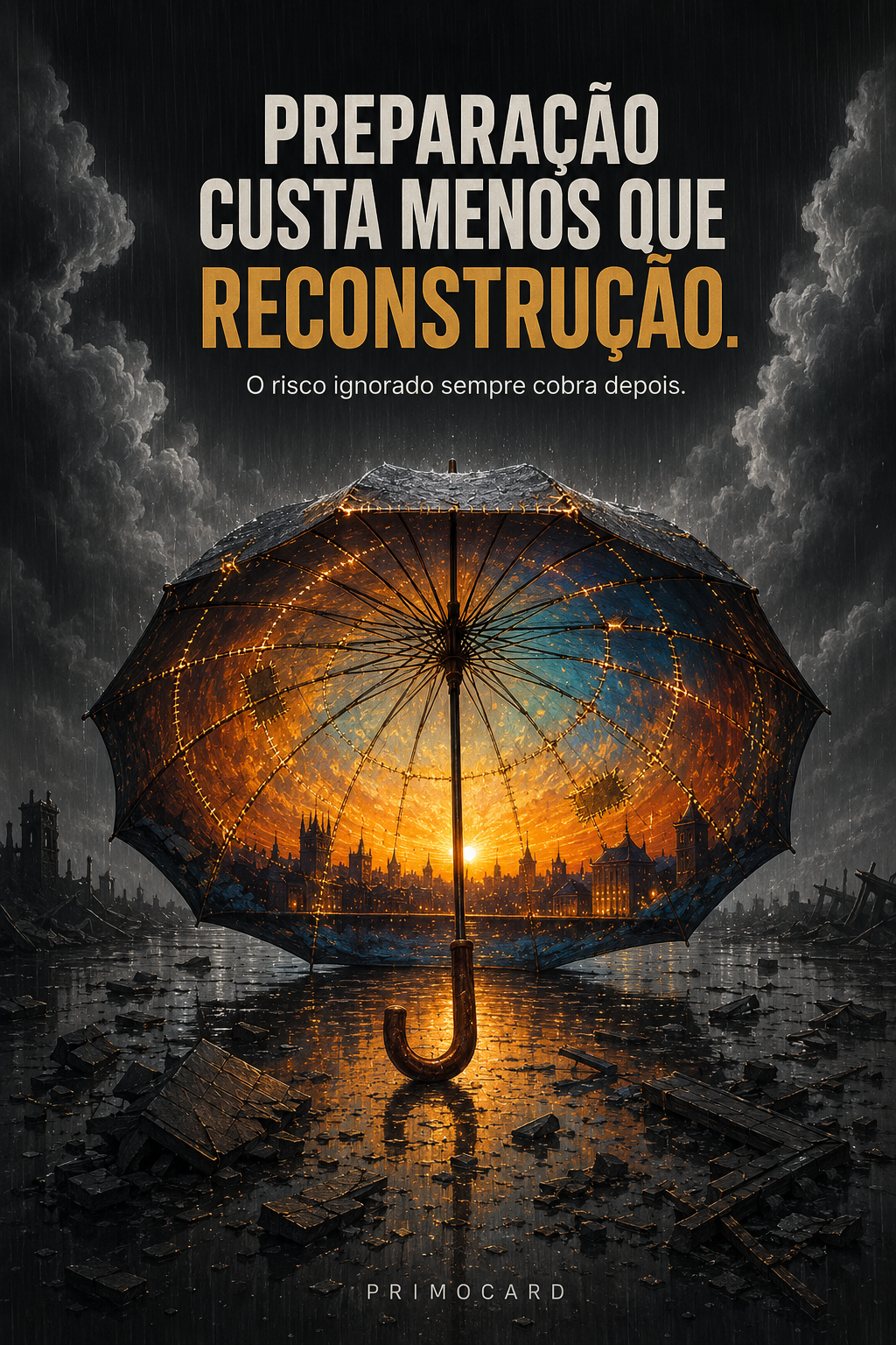 Guarda-chuva remendado protegendo uma cidade em meio a uma tempestade, representando preparação contra riscos empresariais.