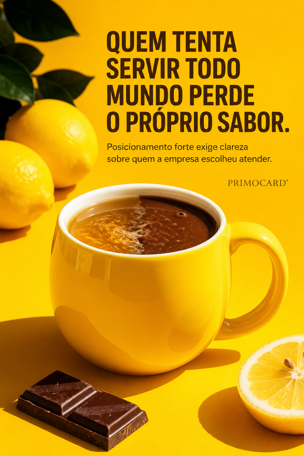 Xícara de café cercada por limões e chocolate, representando uma empresa que tenta misturar preferências para atender todos os públicos.