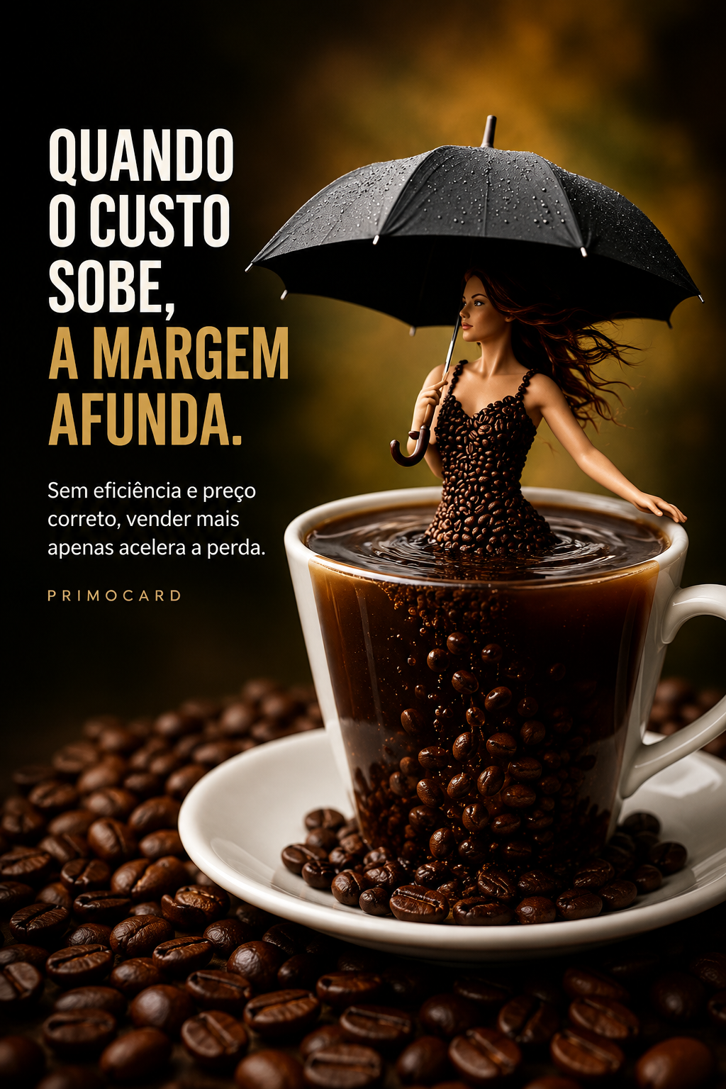 Mulher com guarda-chuva dentro de uma xícara transbordando café e grãos, representando custos elevados afundando a margem de lucro.