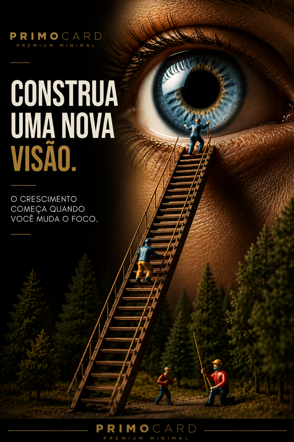 Pequenos trabalhadores subindo uma longa escada em direção a um enorme olho azul sobre uma floresta.