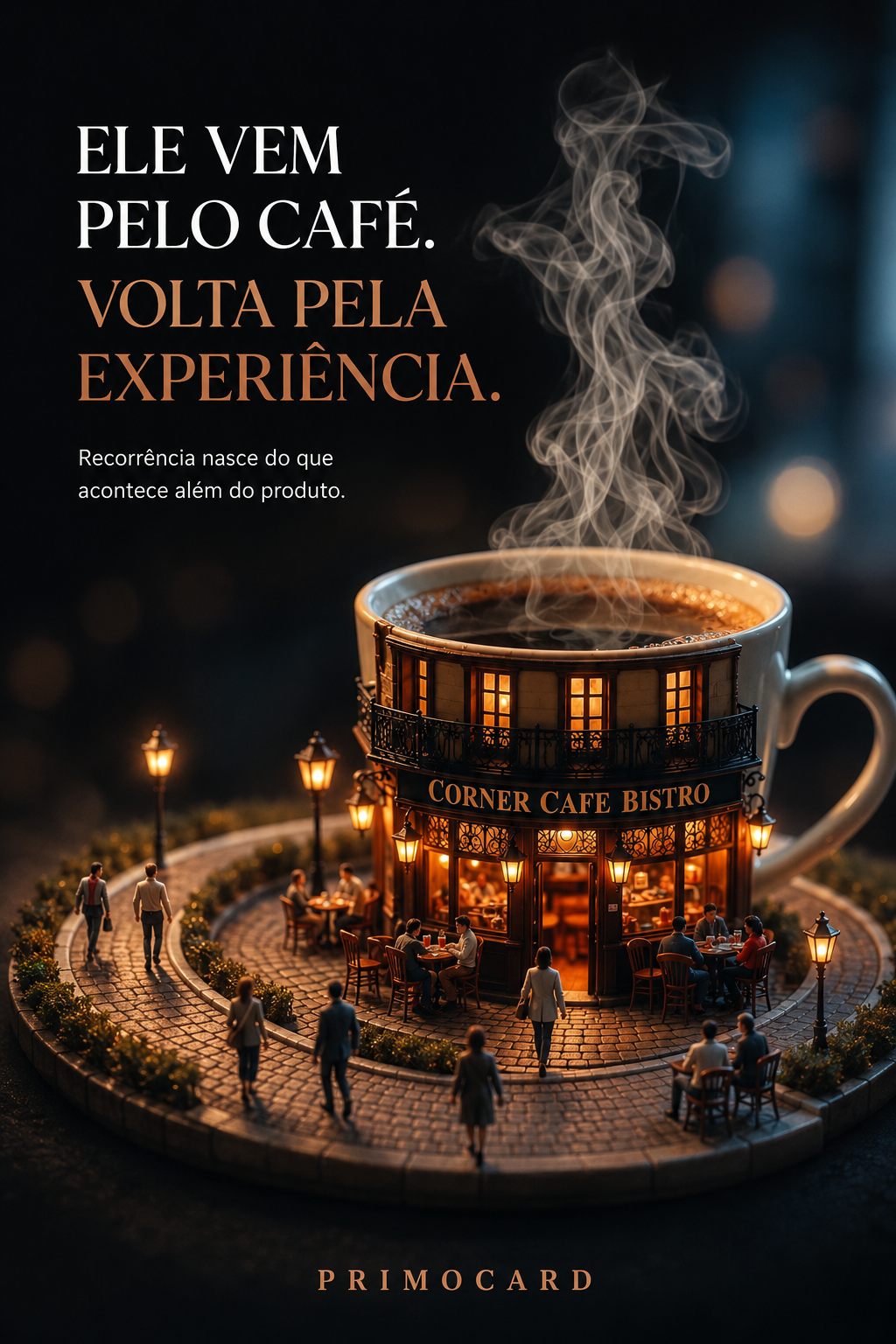 Cafeteria construída ao redor de uma xícara com clientes chegando e permanecendo no local, simbolizando uma experiência positiva.