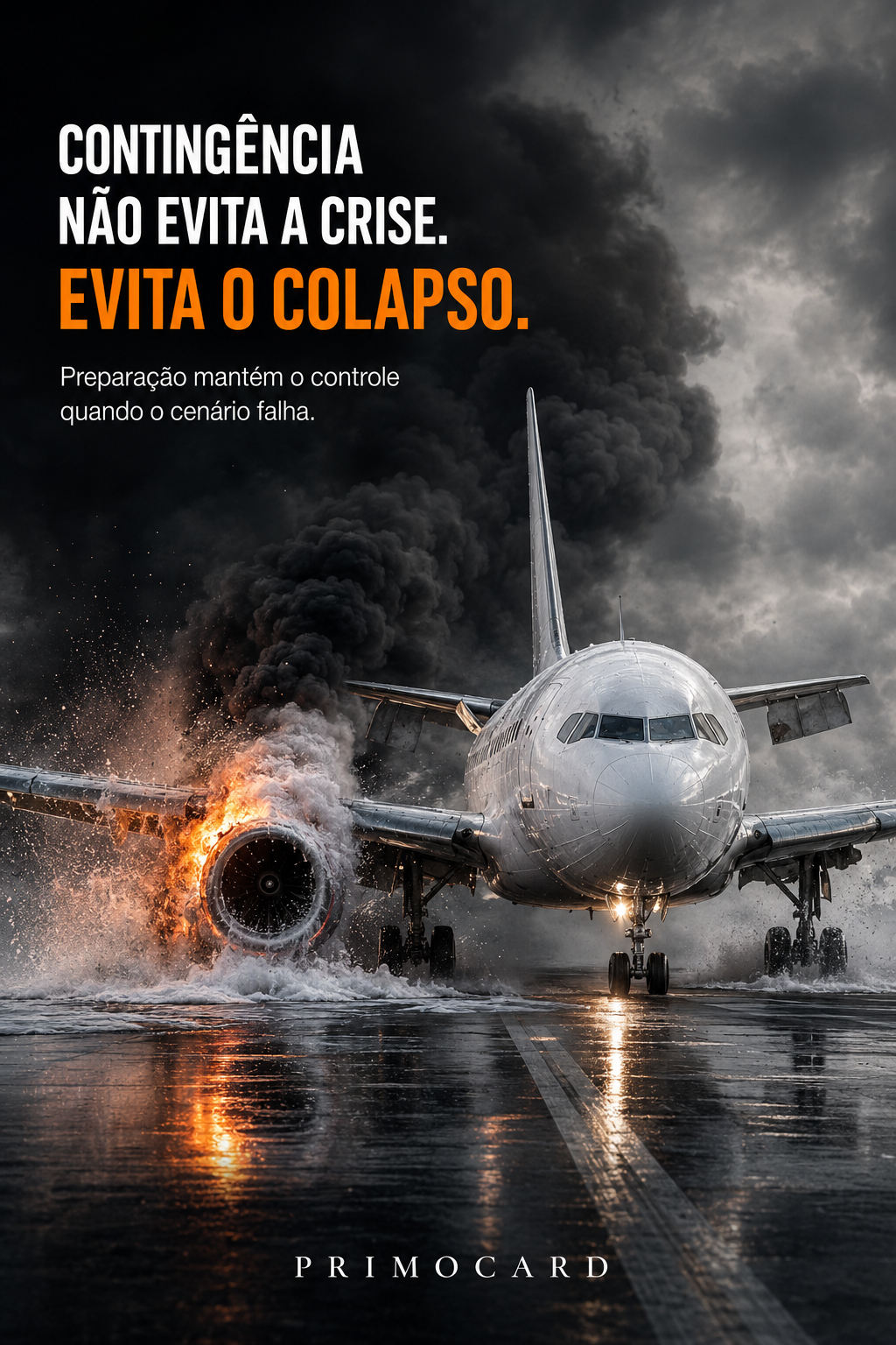 Avião enfrentando chuva, fumaça e fogo em um dos motores, representando uma crise que exige preparação e controle.