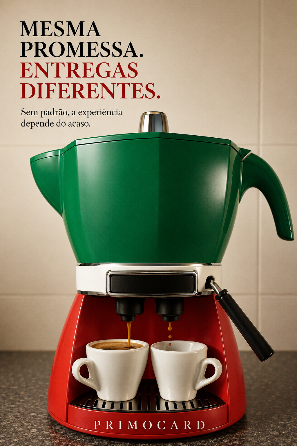 Máquina servindo quantidades diferentes de café em duas xícaras, representando a falta de padrão no atendimento e na entrega.