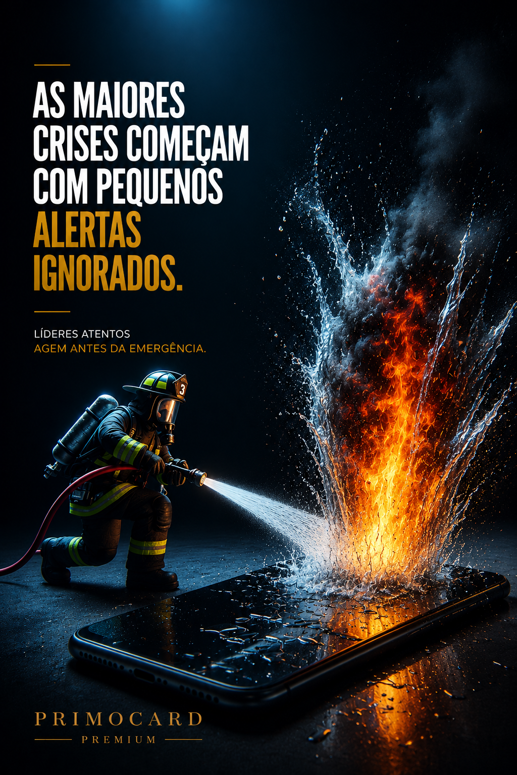 Bombeiro combate um incêndio sobre um celular, representando a necessidade de agir diante dos primeiros sinais de crise.