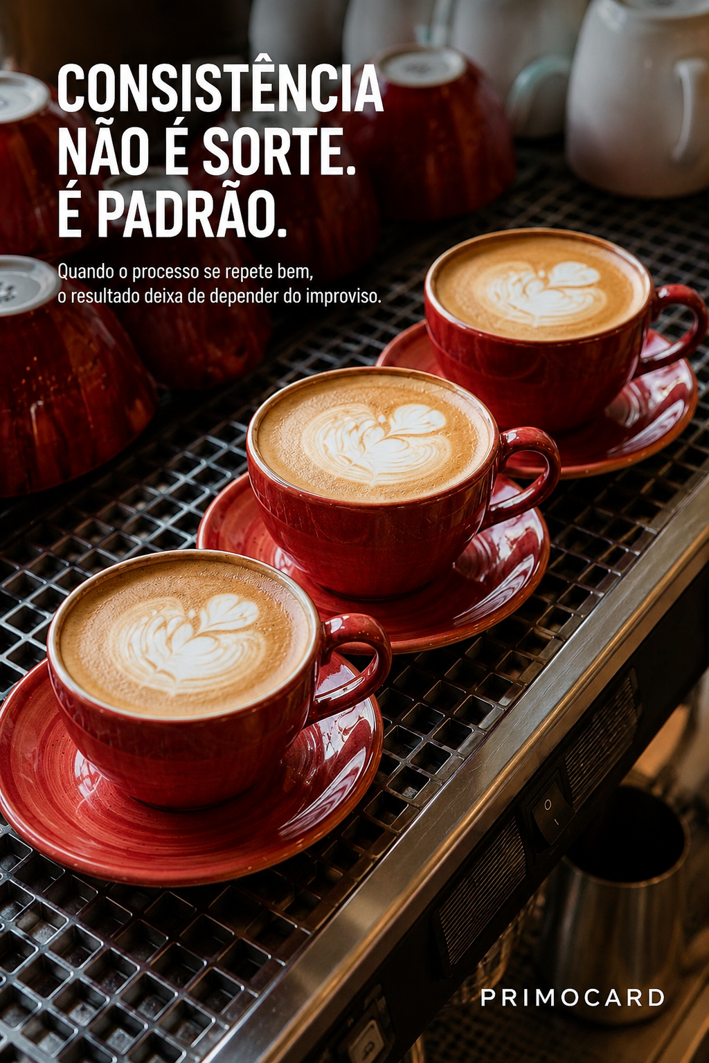 Três xícaras de café preparadas em sequência, com a mensagem “Consistência não é sorte. É padrão.”