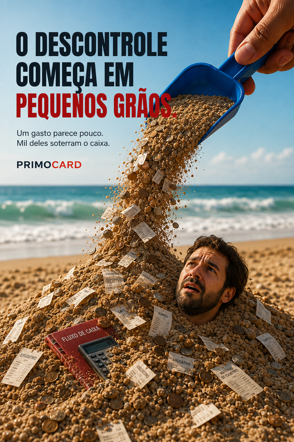 Homem aparece soterrado por areia, moedas e comprovantes enquanto uma pá despeja mais material, em arte da Primocard sobre pequenos gastos.