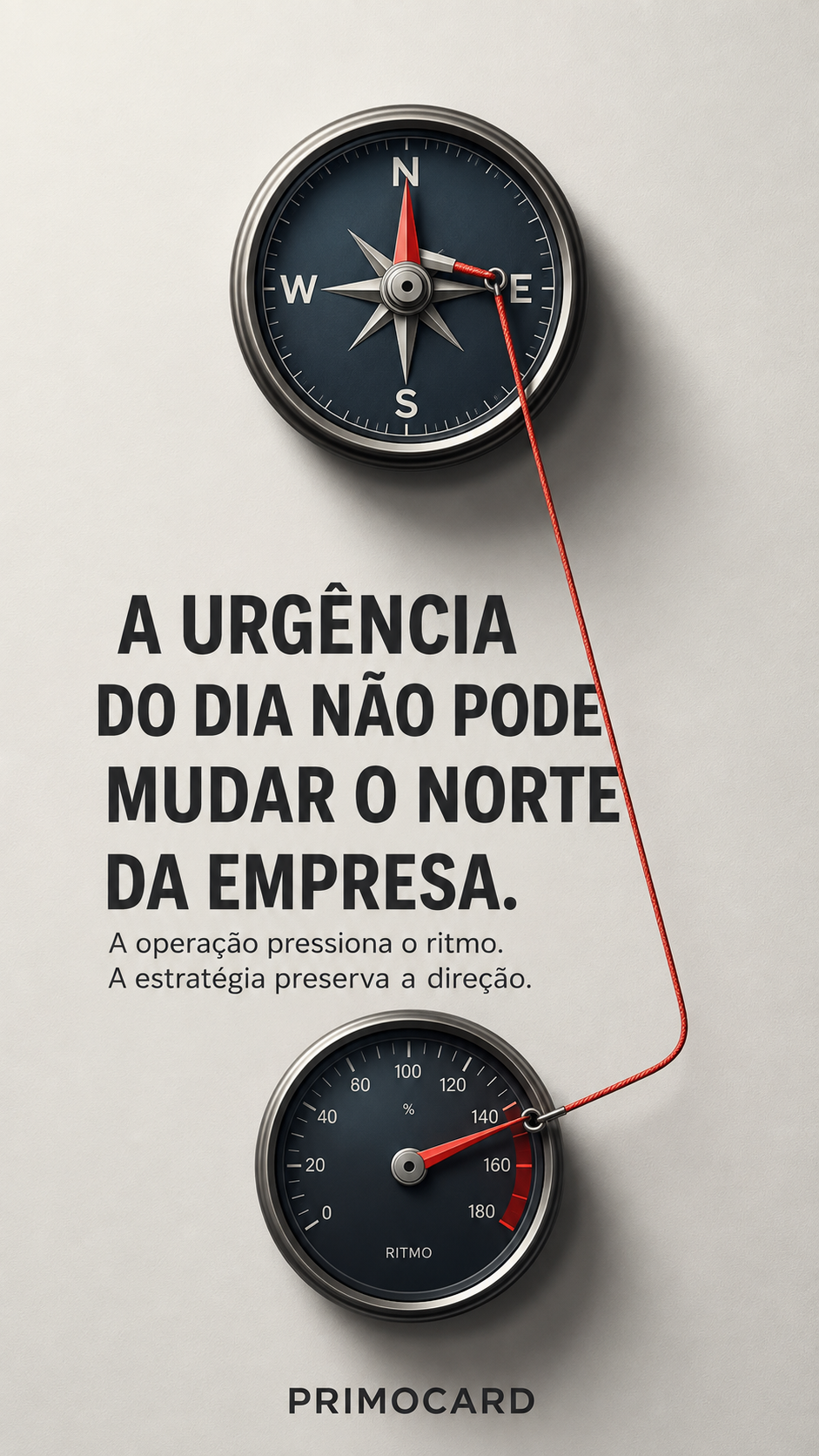 Bússola conectada por um cordão vermelho a um medidor de ritmo, em arte da Primocard sobre urgência e direção da empresa.