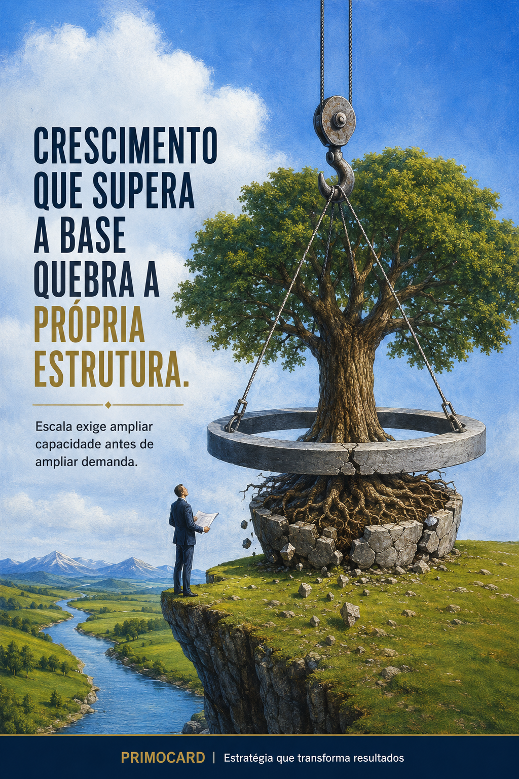 Árvore grande tem suas raízes cercadas por uma base rachada; a arte alerta que crescer exige ampliar a capacidade do negócio.