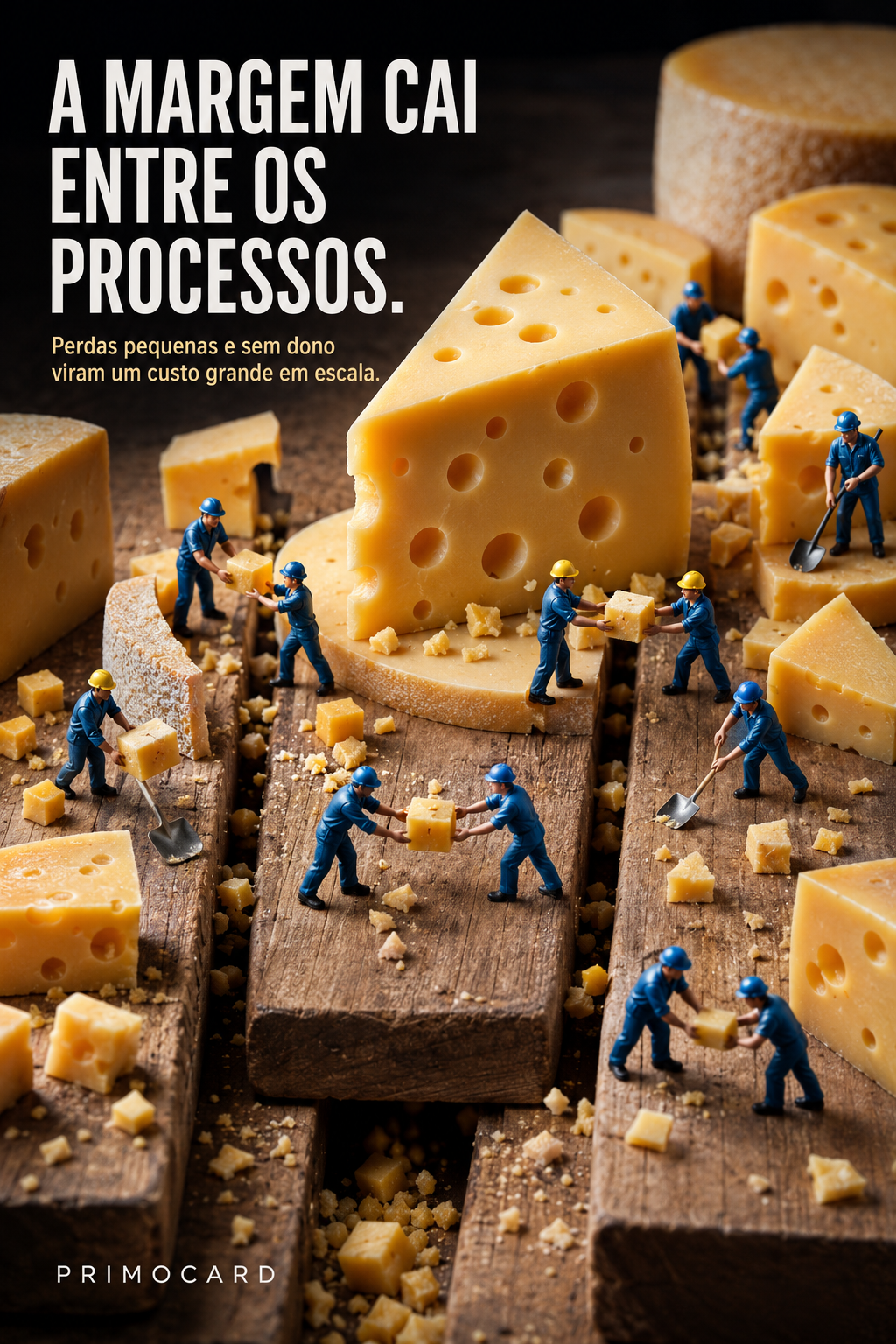 Pequenos trabalhadores carregam pedaços de queijo entre frestas; a arte diz que a margem cai entre os processos.